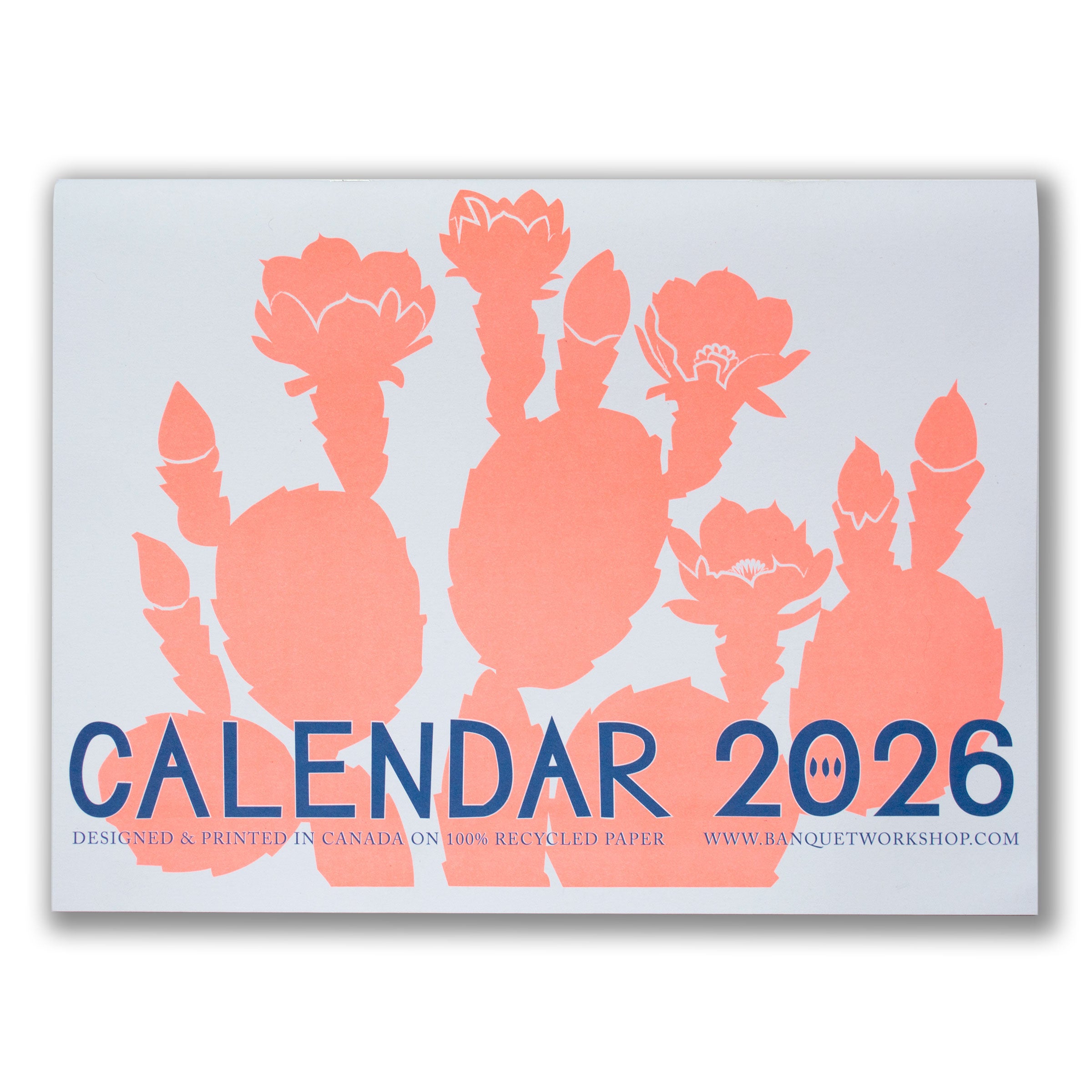 2026 calendar cover with an illustration of a sherbet orange prickly pear cactus