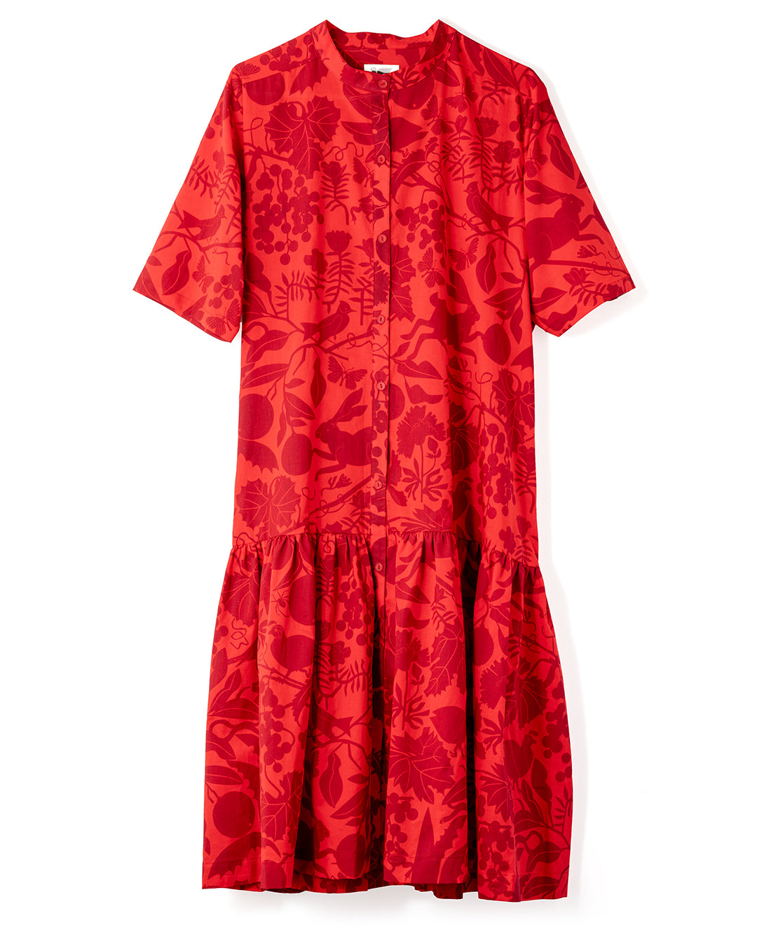 Burgundy California inspired imagery printed on a red cotton dress with ruffle