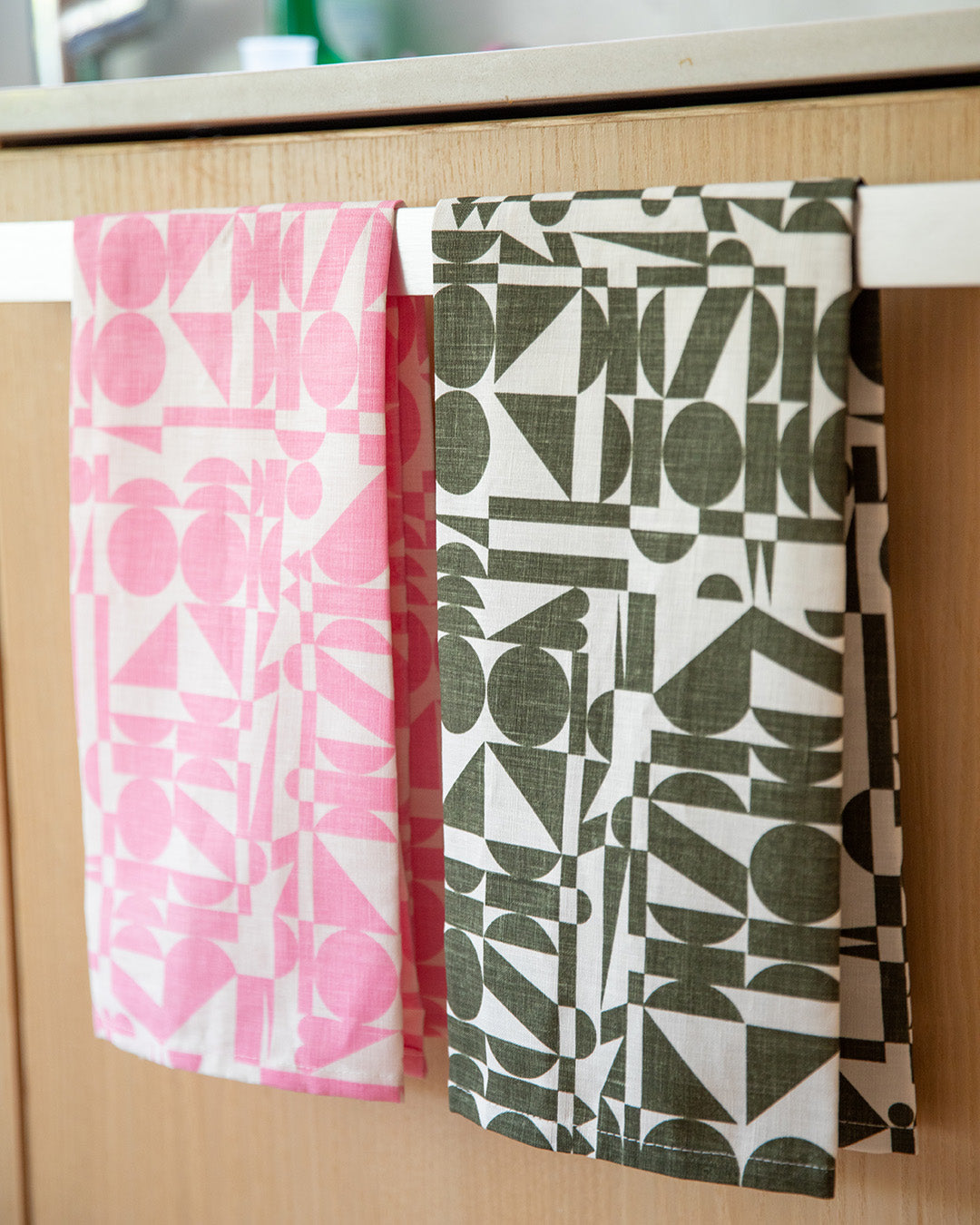 Khaki on White Geometrics All-Linen Tea Towel