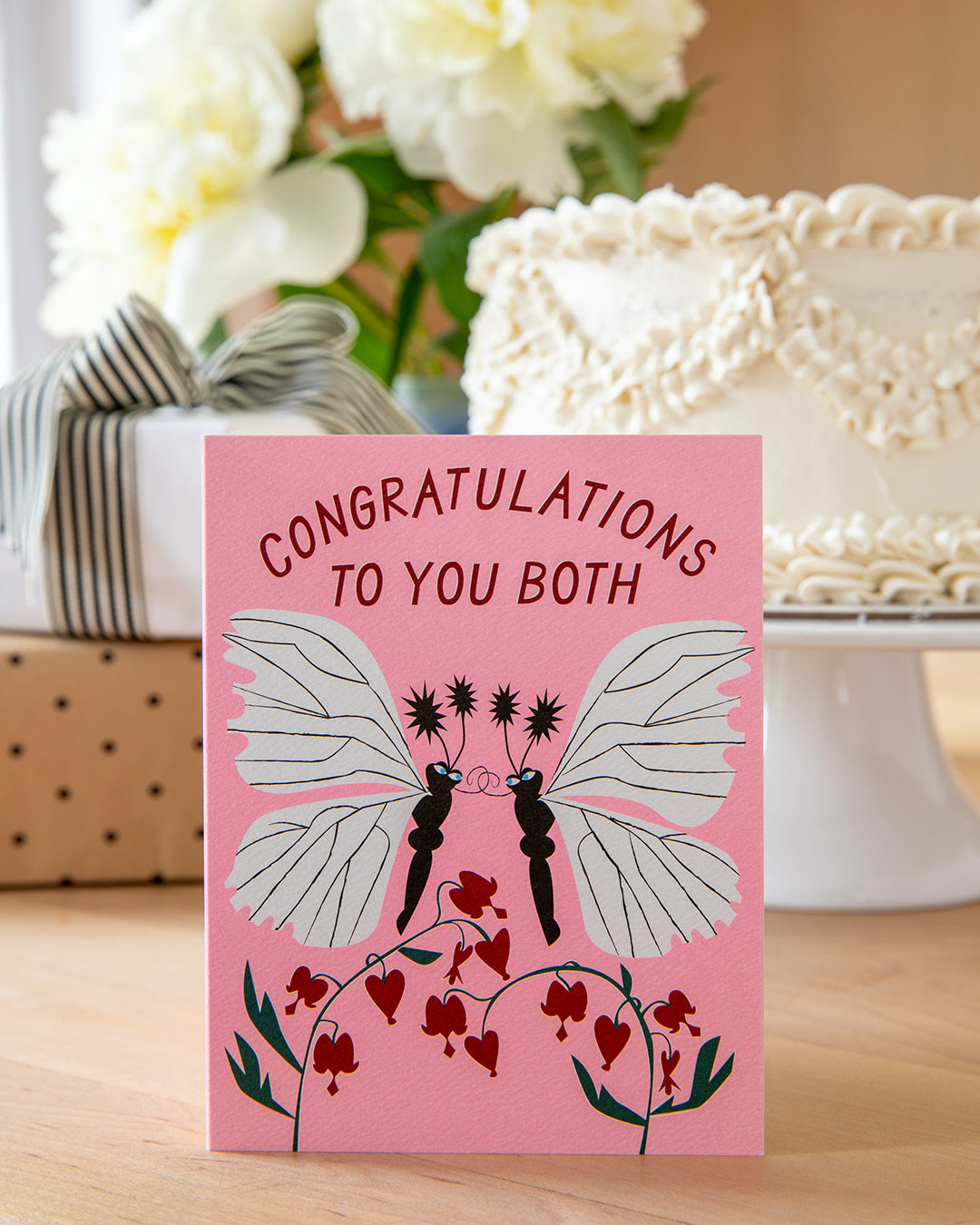 A Pair of Kissing Moths Congratulations Card