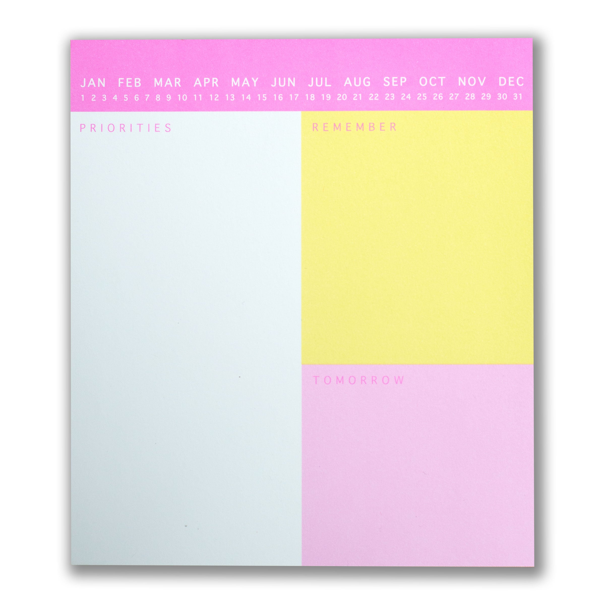Colorful notepad with sections labeled 'Priorities', 'Remember', and 'Tomorrow' on a white background.
