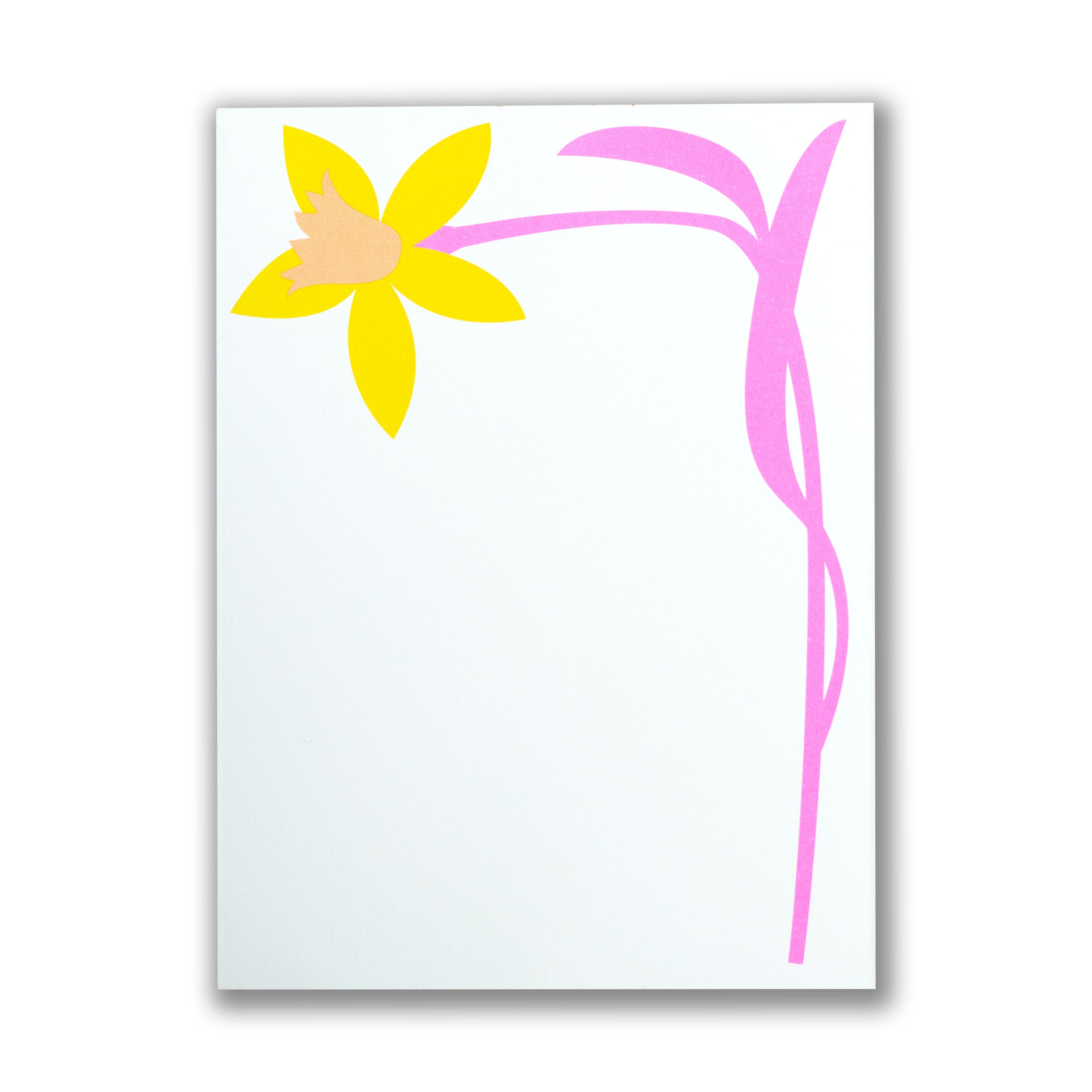 Yellow and pink daffodil on a white notepad page