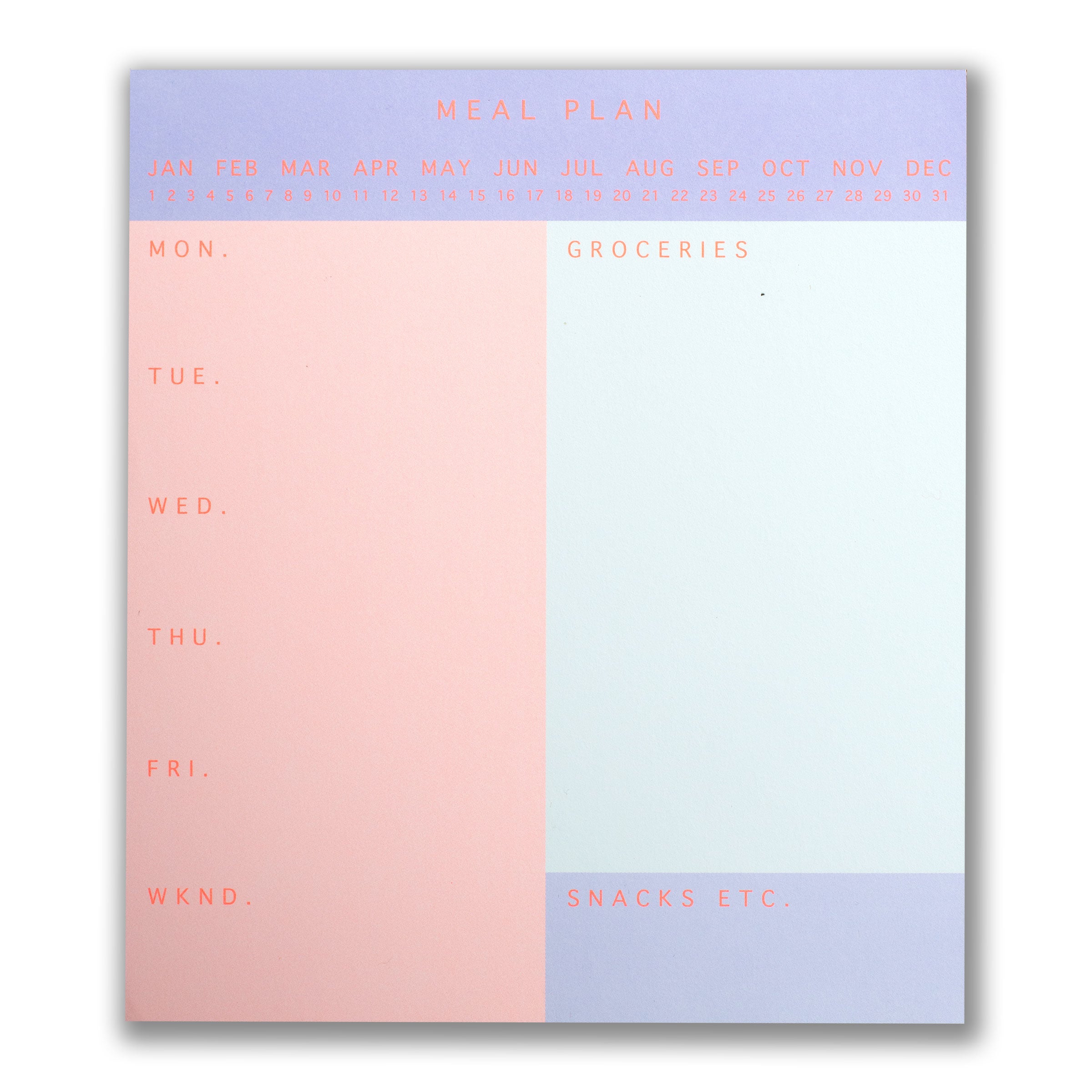 meal planner notepad with pastel peach and lavender color scheme on a white background