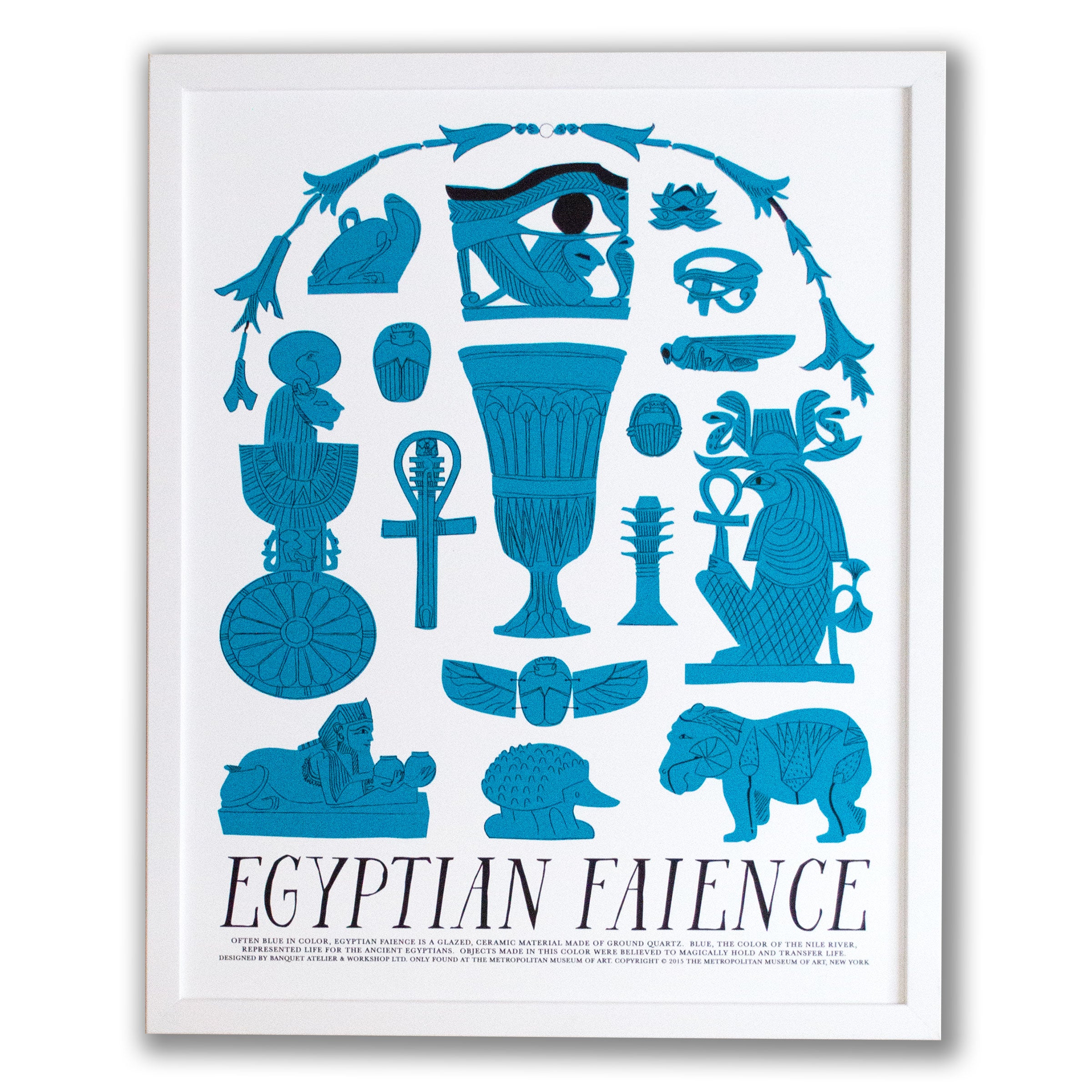 art print with black text Egyptian Faience and Egyptian imagery in bright turquoise