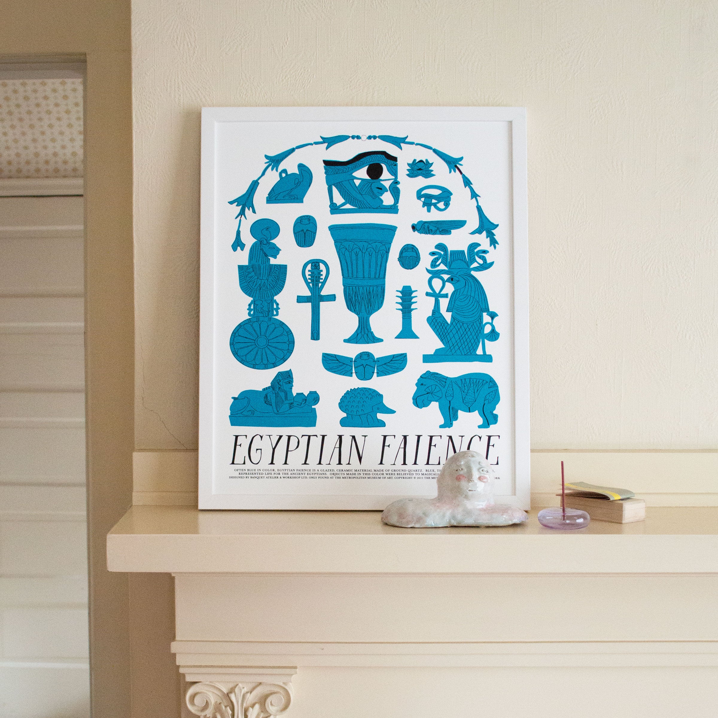 art print with black text Egyptian Faience and Egyptian imagery in bright turquoise