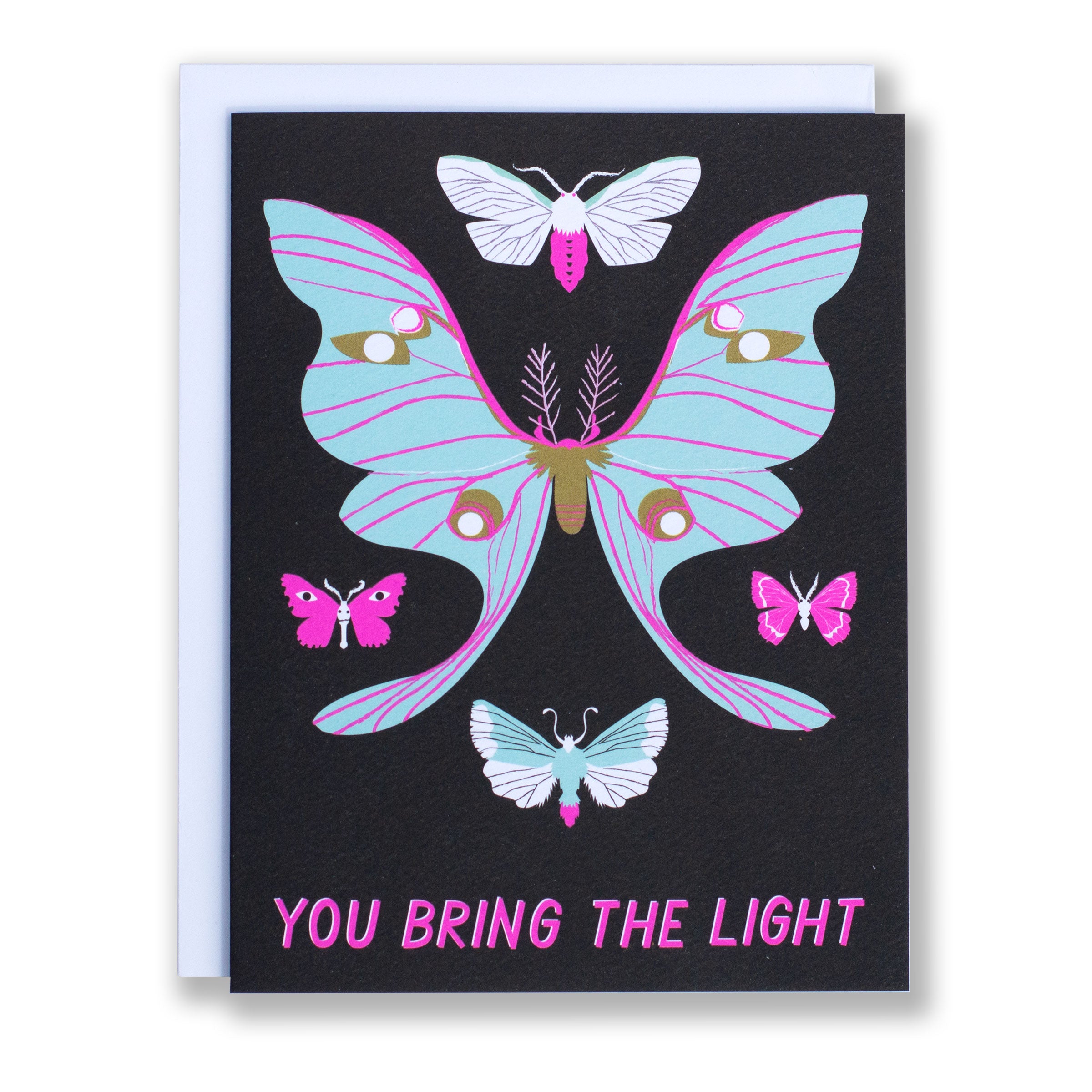note card reads 'You Bring the Light' with a selection of moths in mint green and neon purple on a black background