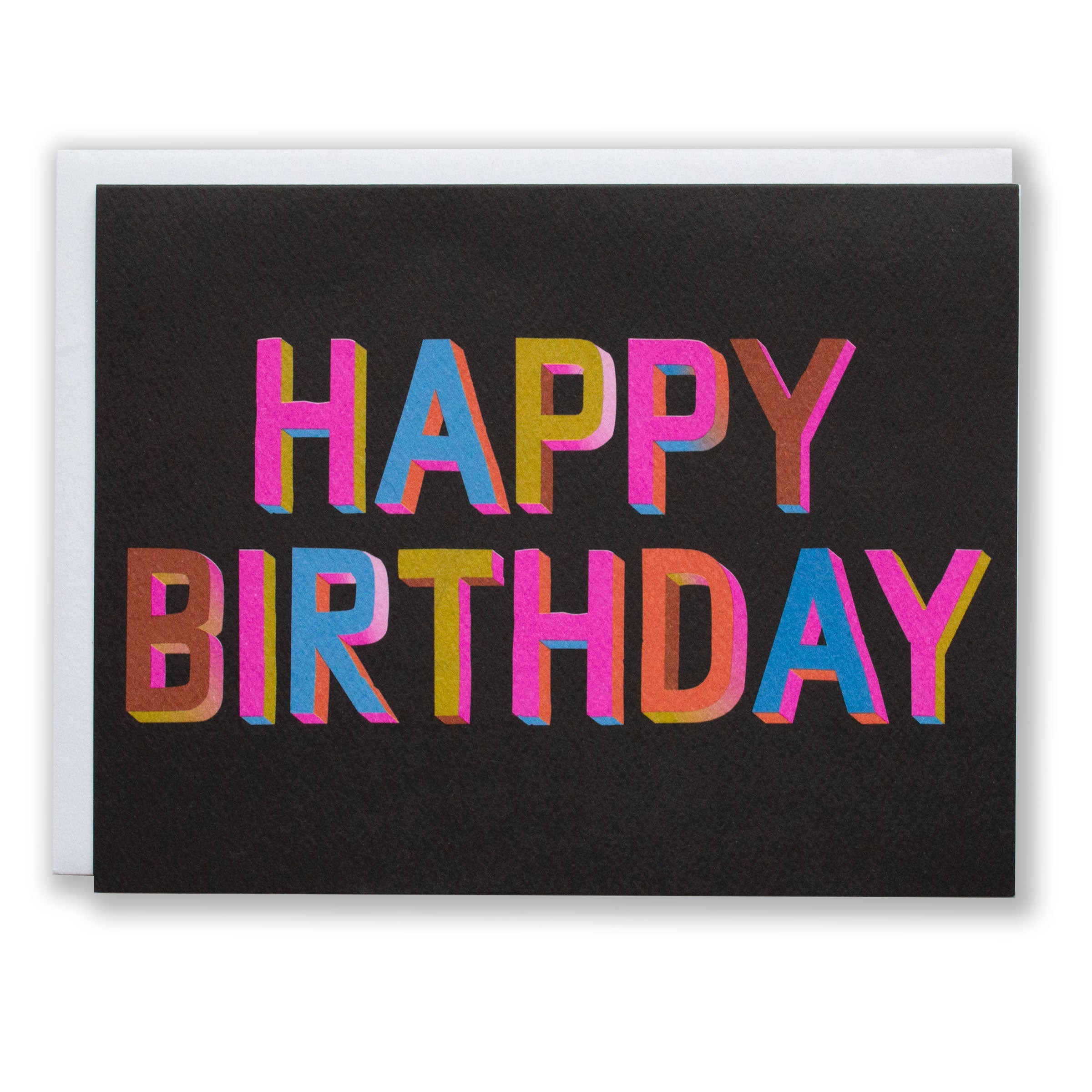 happy birthday in 3D block text (not literally, just drawn that way) in bright colours on a black background