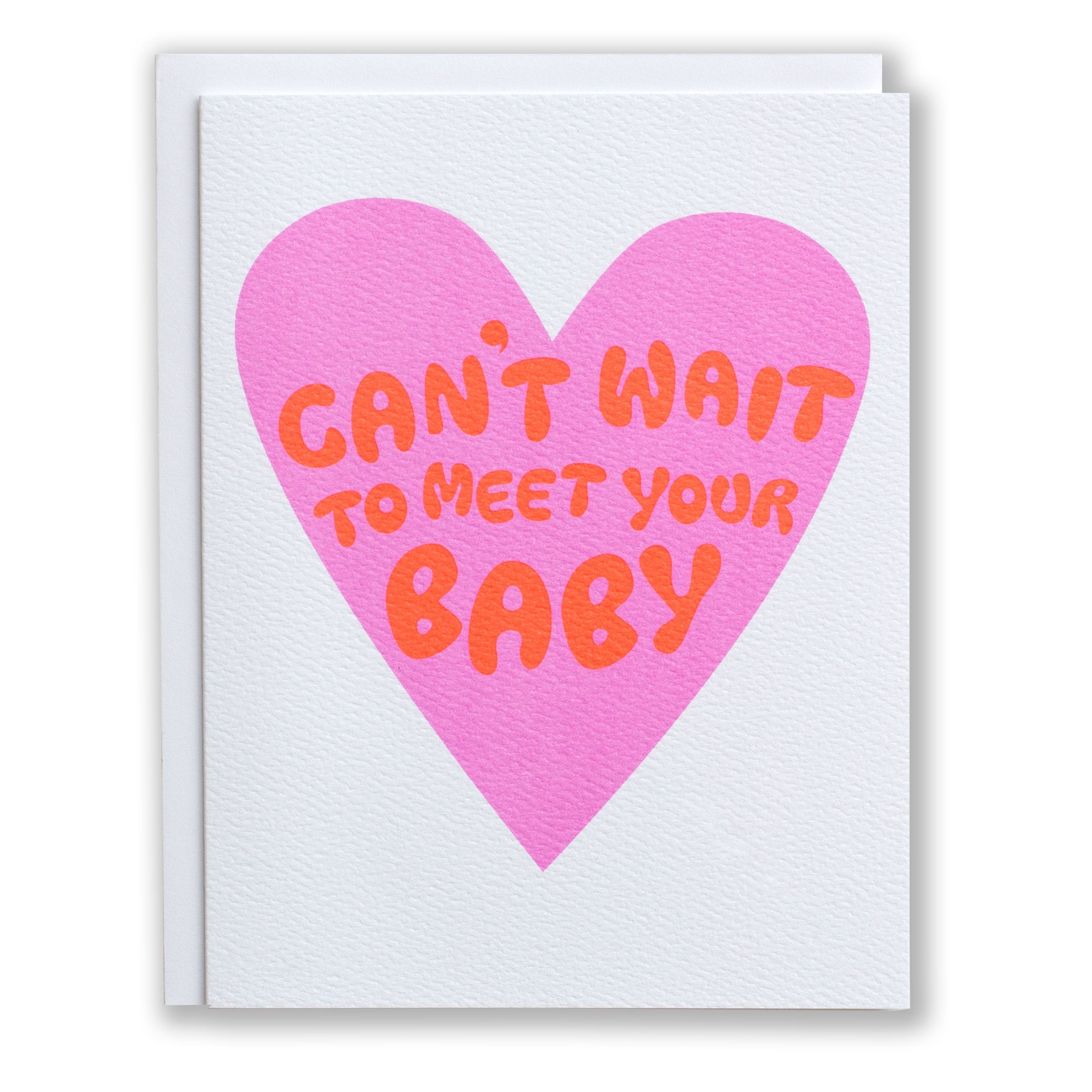 note card with bright red text saying Can't Wait to Meet Your Baby in a bright neon pink purple heart