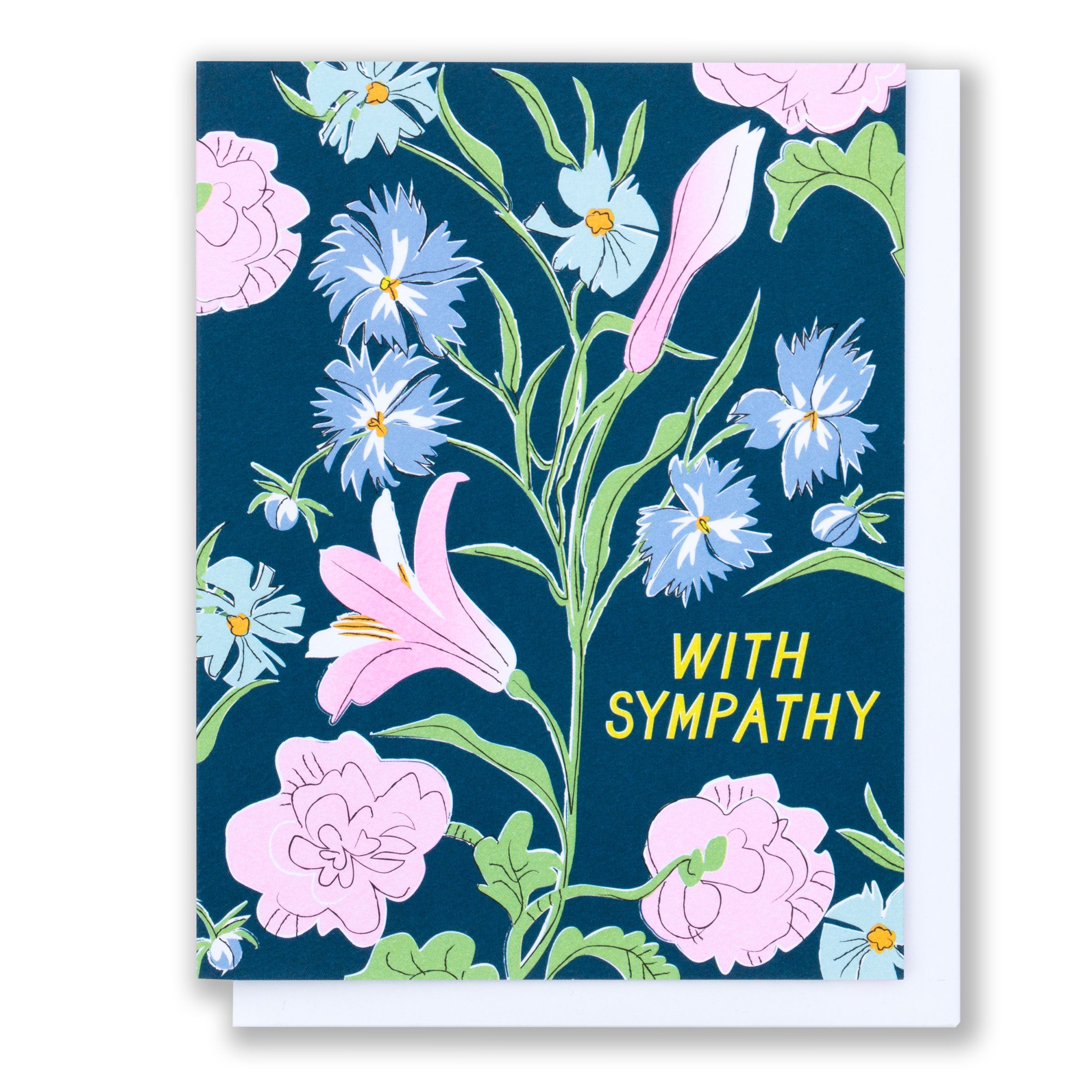 condolenece or bereavement card, cascading flowers on a dark background, card reads With Sympathy