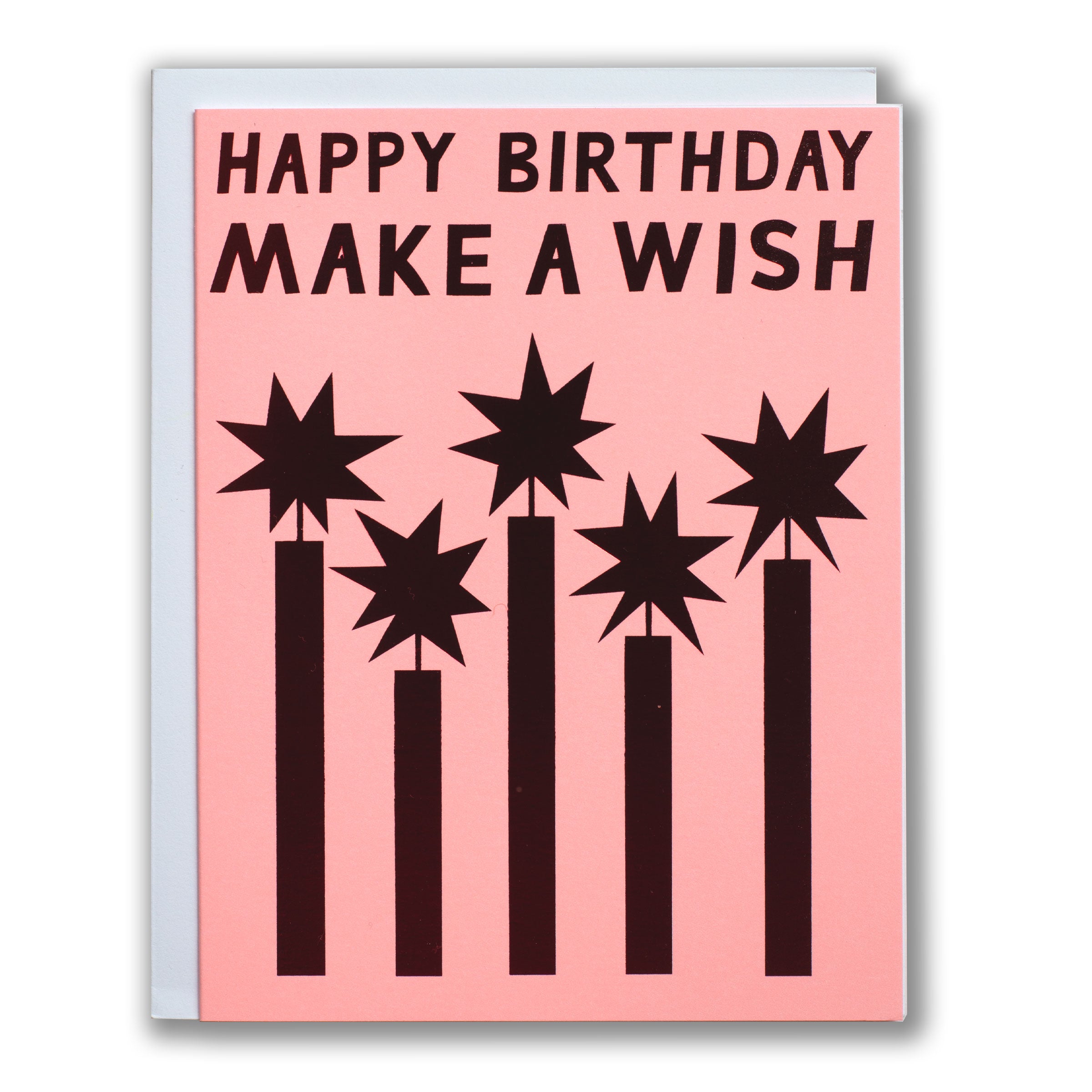 Peach birthday card with red foil birthday candle starbursts and 'Happy Birthday Make a Wish' text.