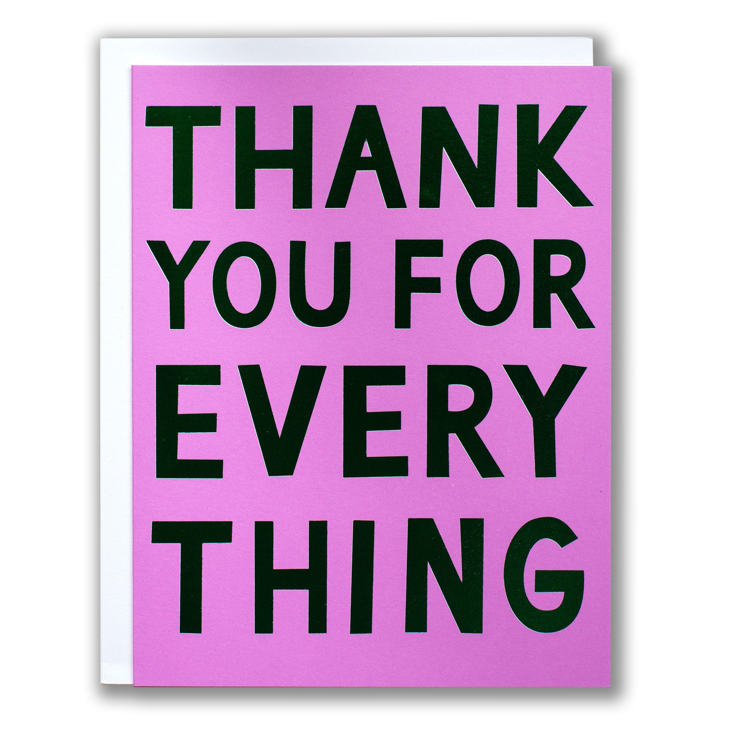 Pink card with green foil text saying 'Thank you for everything'