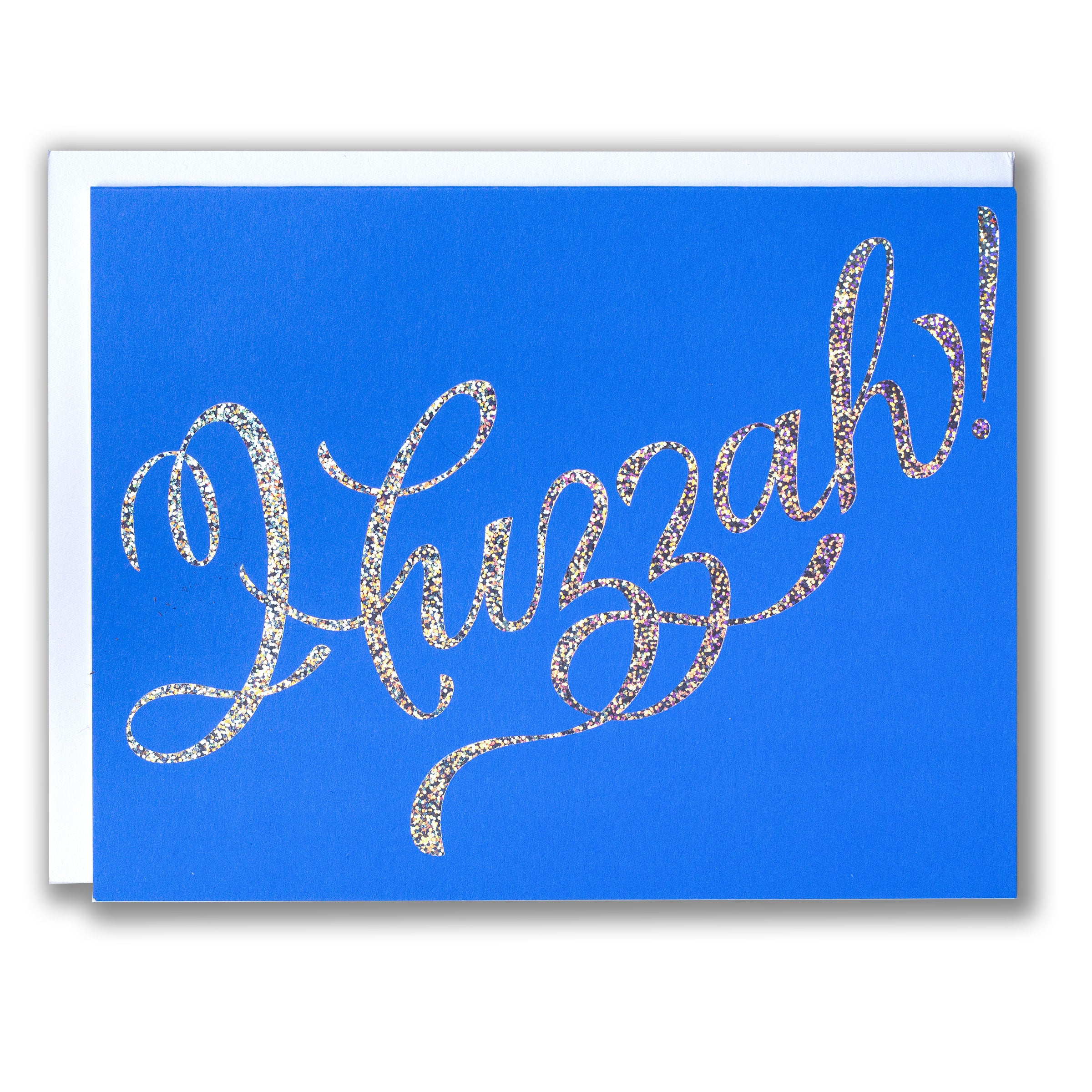 Blue card with glitter foil 'Huzzah' text on a white background