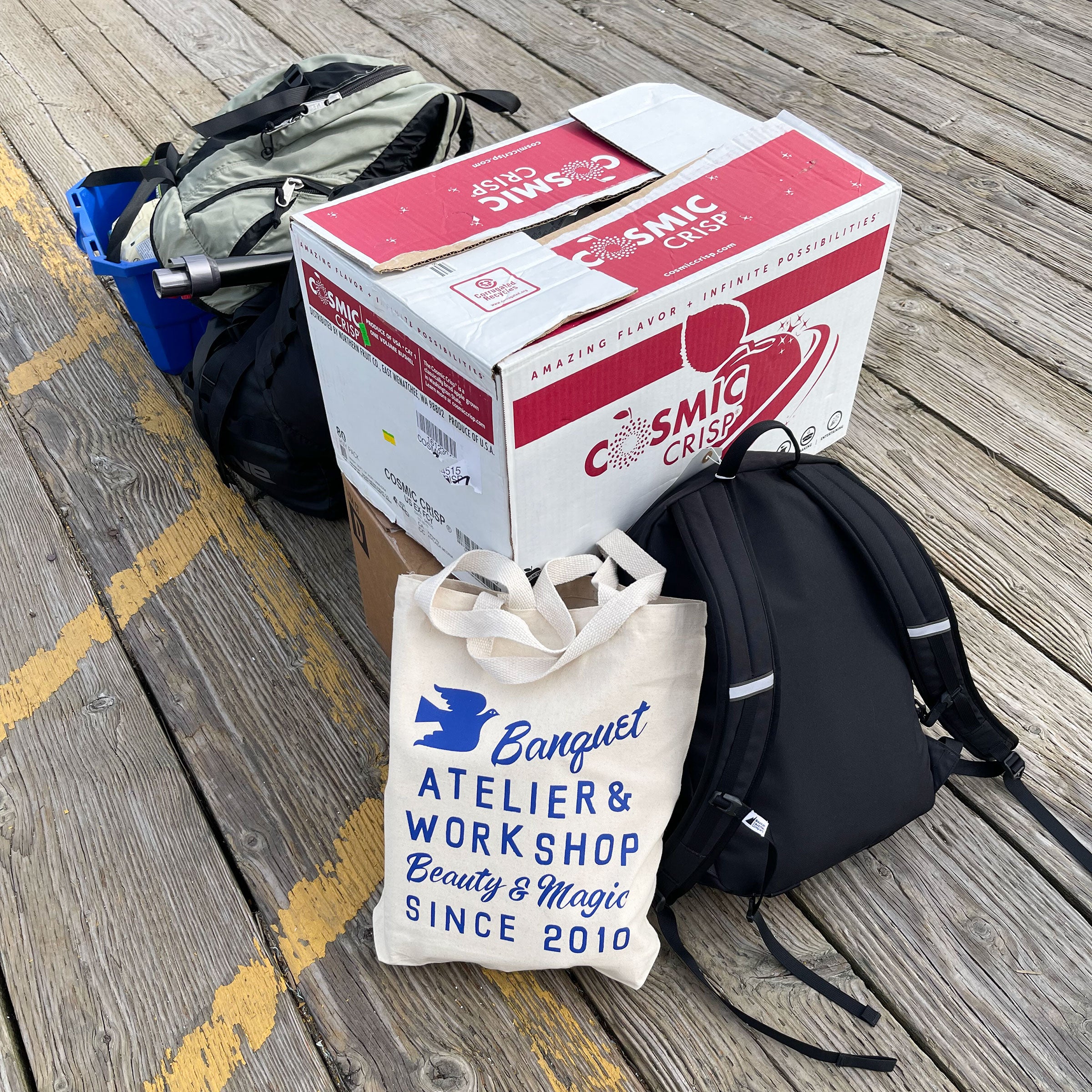natural canvas tote bag screenprinted with blue lettering and bird logo for banquet Workshop's 15 year anniversary with luggage