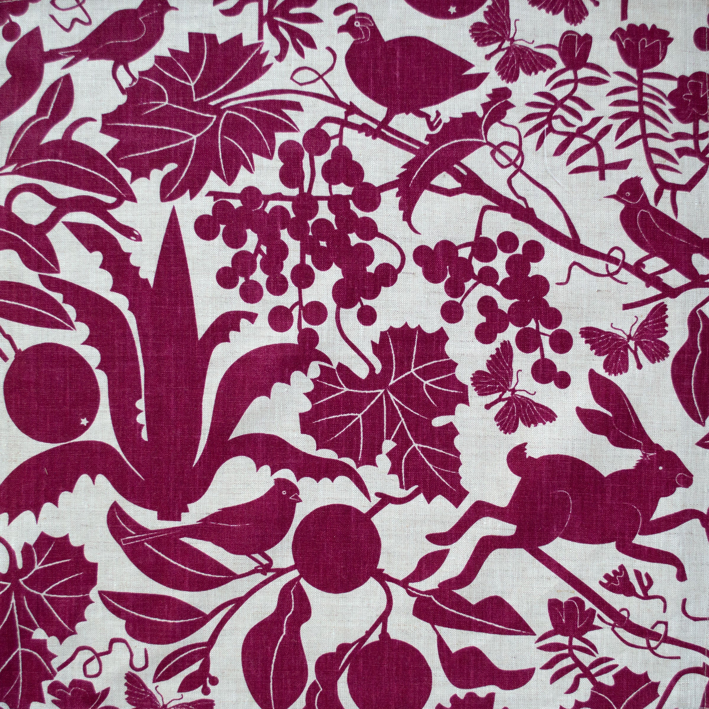 Burgundy California print with rabbits and birds and vines agave