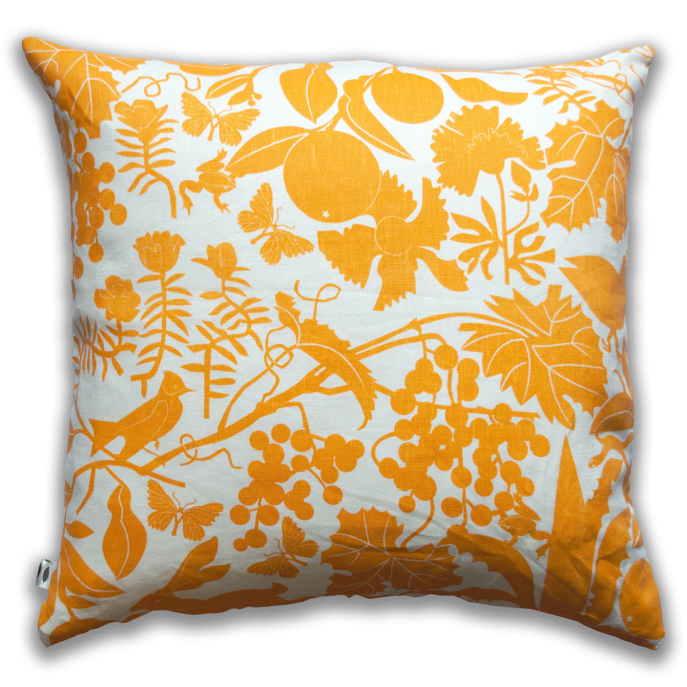 California print pillow case in marigold yellow gold with clementines birds vining grapes California flowers