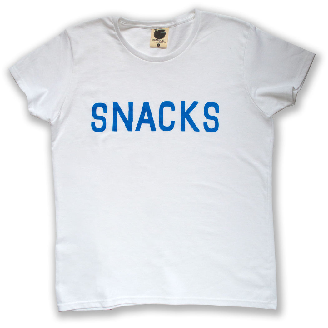 Basic white t-shirt screenprinted with "Snacks"