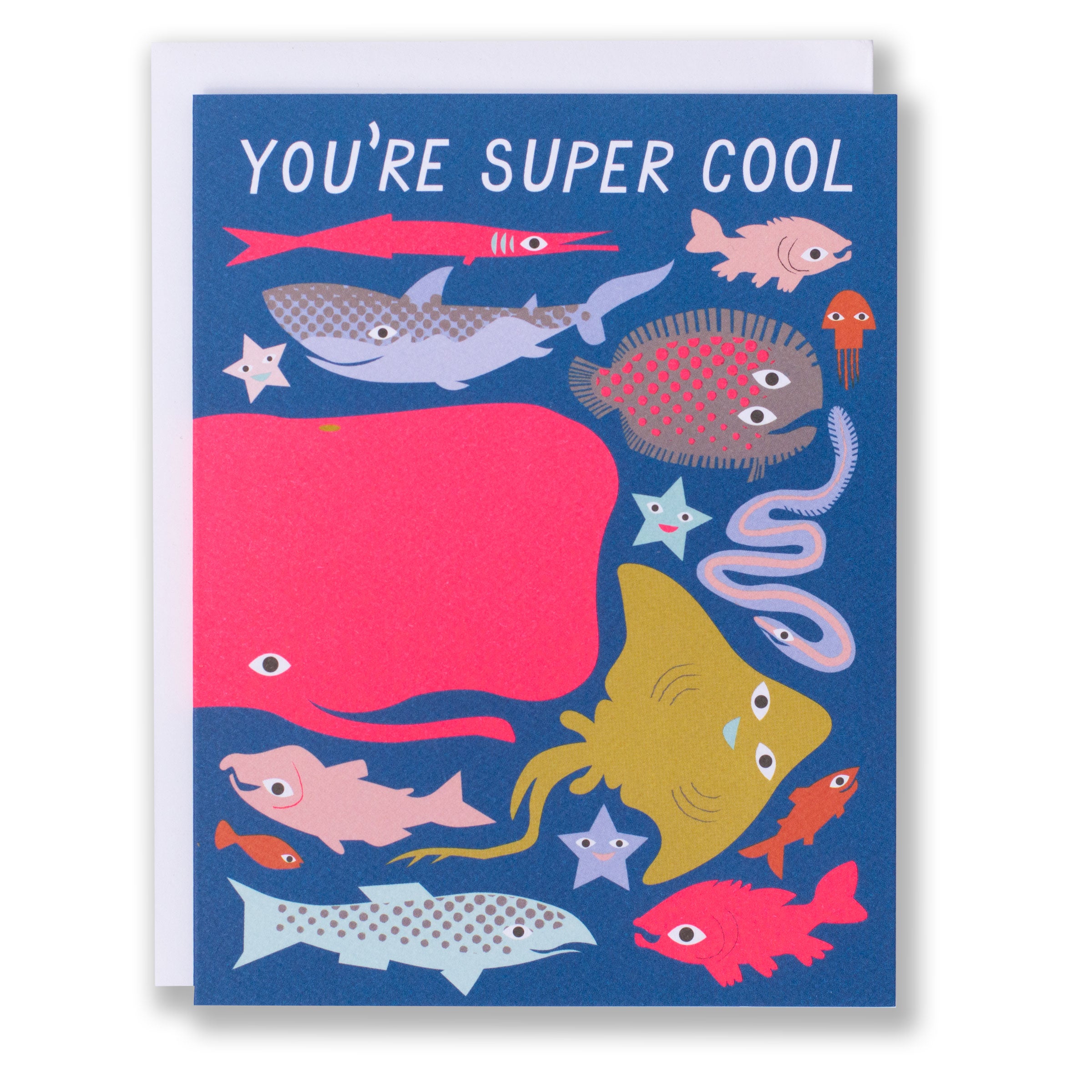 Note Card with multiple drawings of fish including Whale, Eel, Starfish and Manta Ray in bright colours including neon pink and lavender and light pink