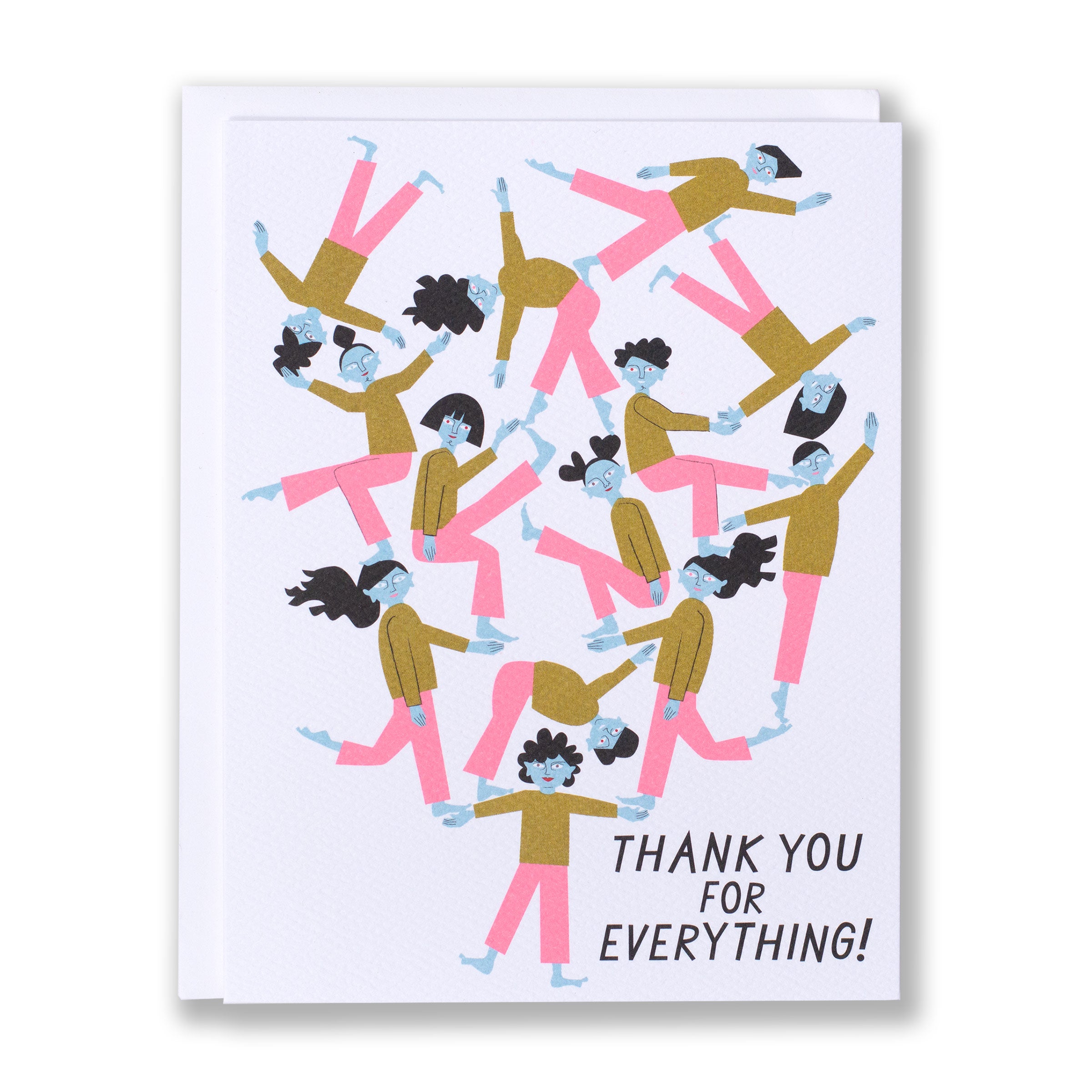 Note card with a pile up of cute blue faced humans with one person holding them up with text that said Thank You For Everything