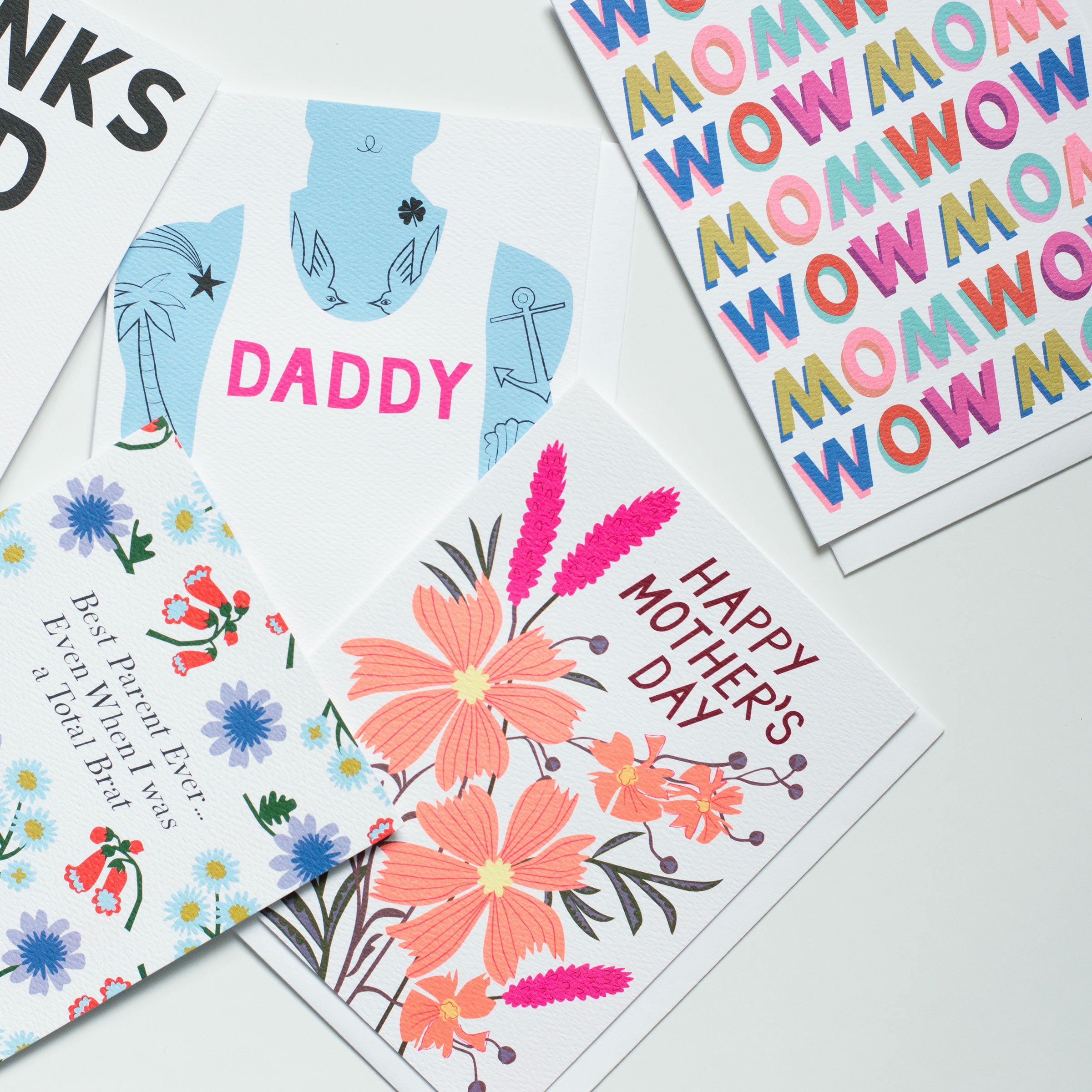 flat lay cards for Father's Day and Mother's Day wow mom happy Mother's Day floral best parent ever floral and text based designs