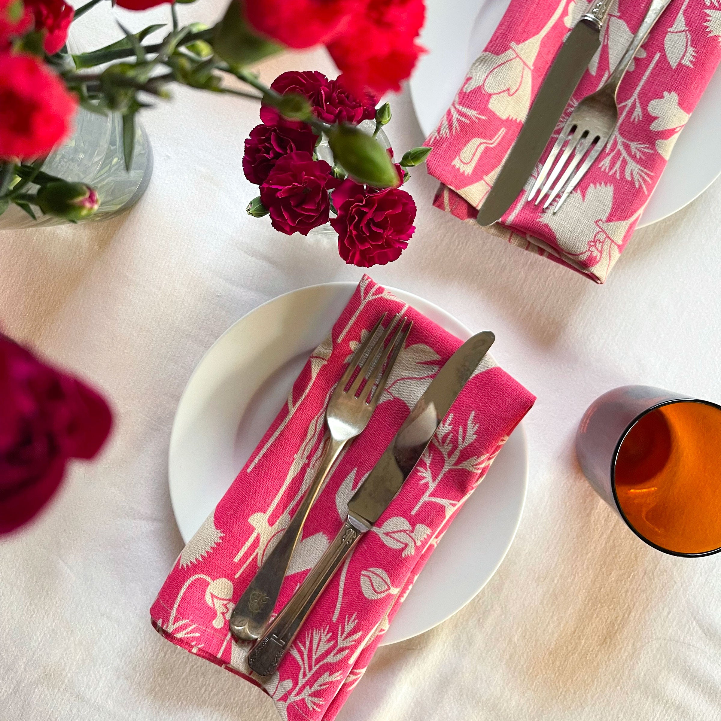 Raspberry Pink Poppies Linen Napkins