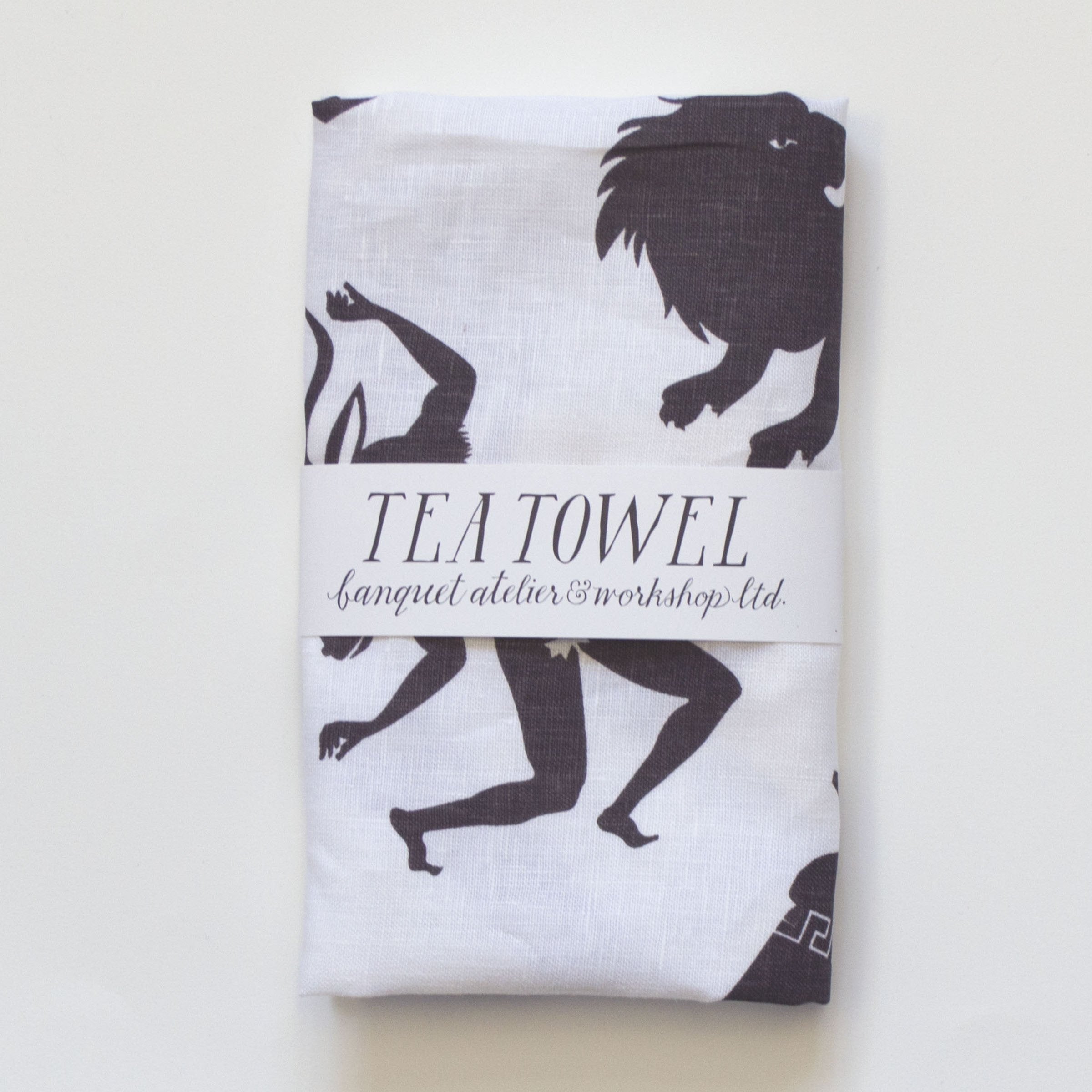 Linen Tea Towel - screen printed ancients - Chocolate brown on White