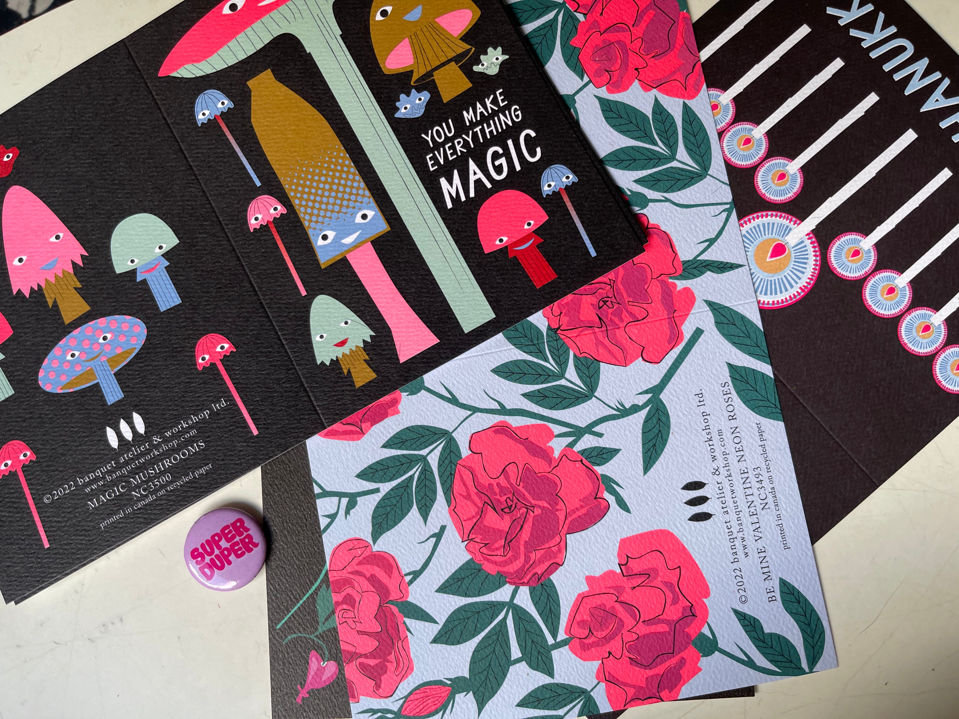 scattered cards for love and a super duper button for your lapel!