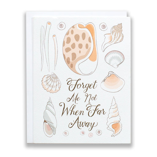 a softer card from banquet workshop with mixed sea shells and a message reading "Forget Me Not When Far Away"