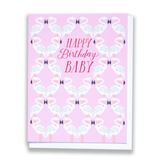 "Happy Birthday Baby" and rows of pink flamingoes on this Banquet Workshop Note Card
