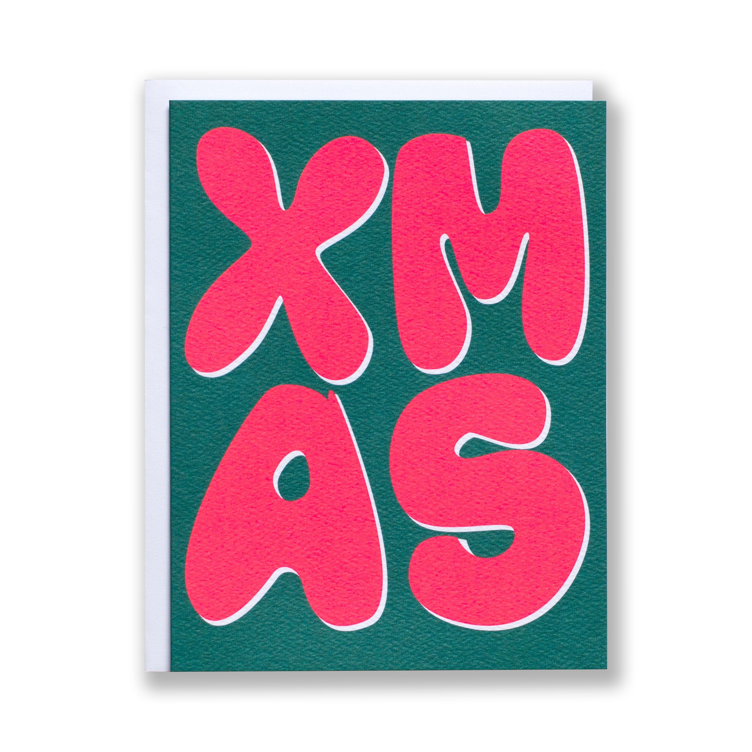 Bright neon XMAS (with an X!) greeting on an emerald green background