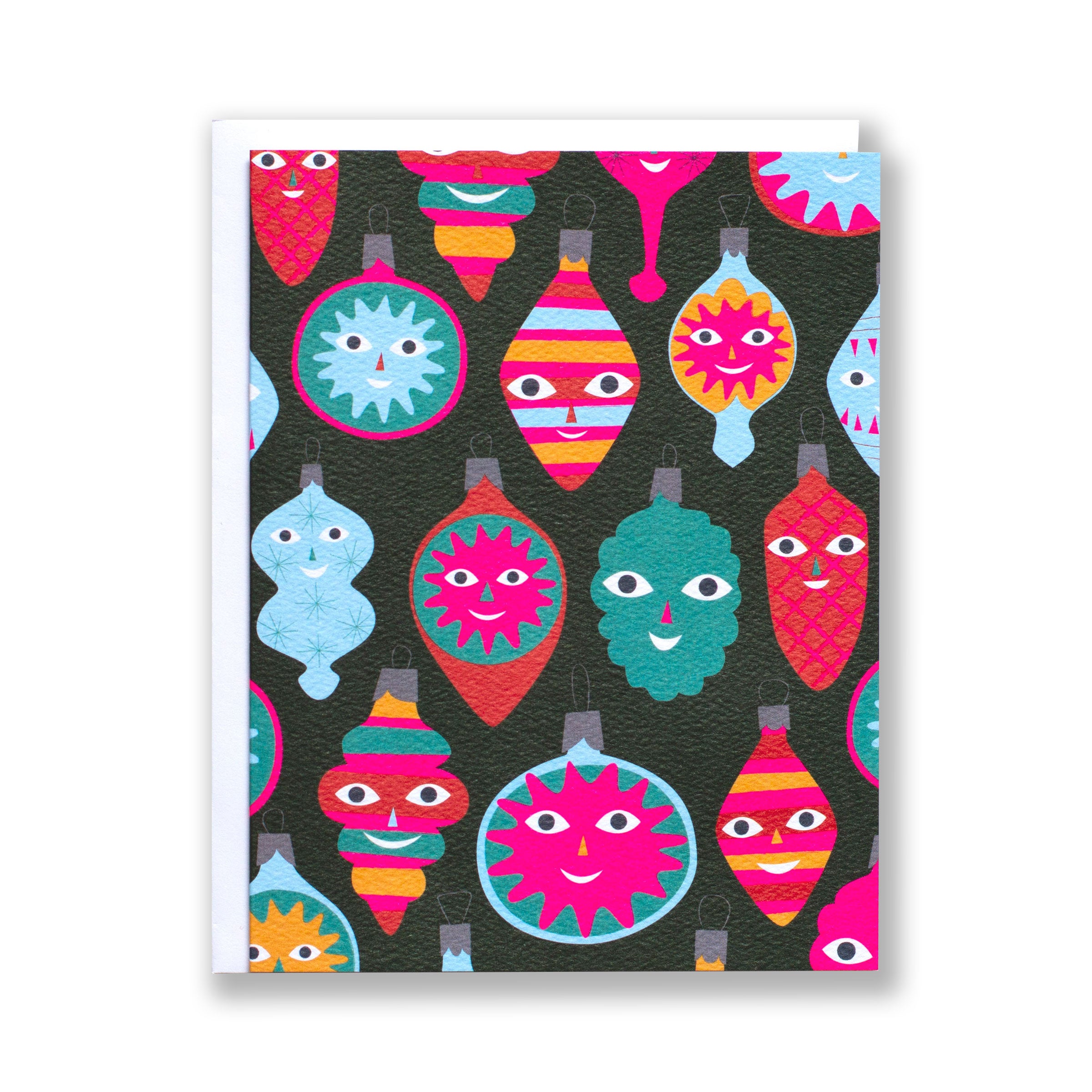 A holiday Christmas notecard with multicoloured bright ornaments with faces