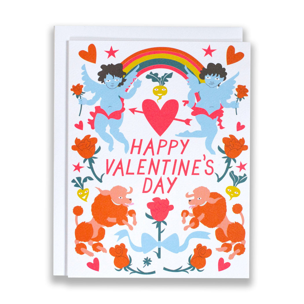 valentine's card, cherubs, poodles, rainbow  Edit alt text