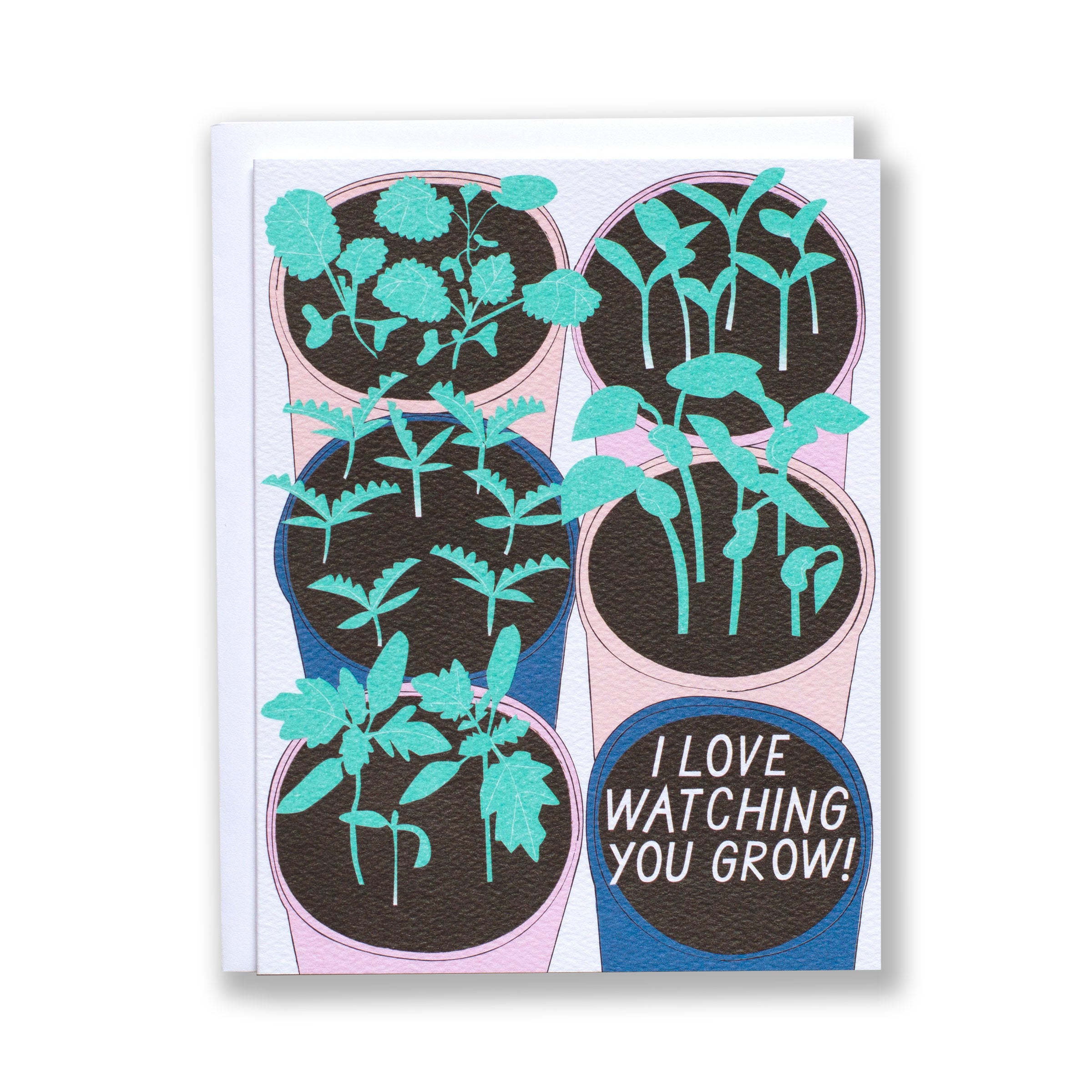 card with baby seedlings started from seed and I Love Watching You Grow greeting