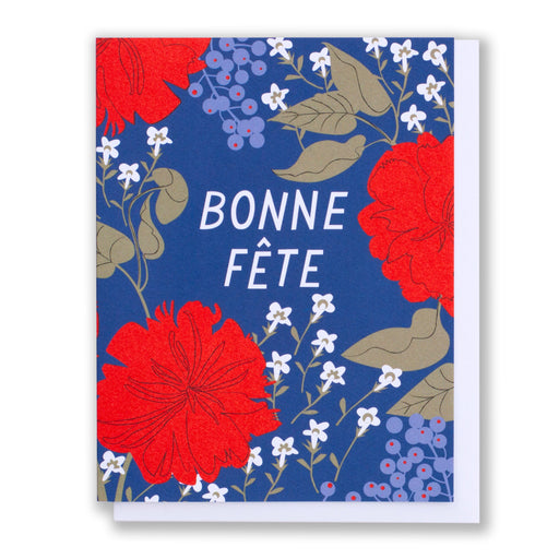 Bonne Fête birthday card with red and blue flowers