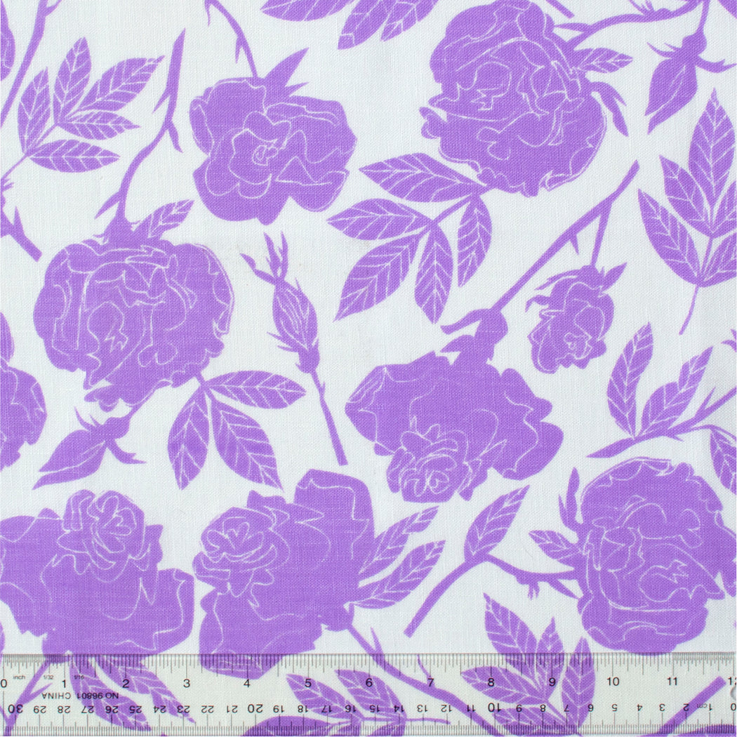 Wild Roses Lavender on White 100% Linen Tea Towel