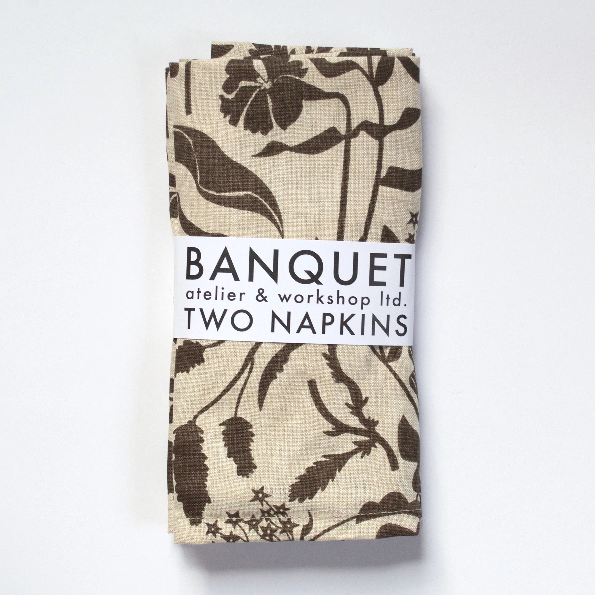 chocolate wildflower pattern on natural linen napkins tablescape dinner table party