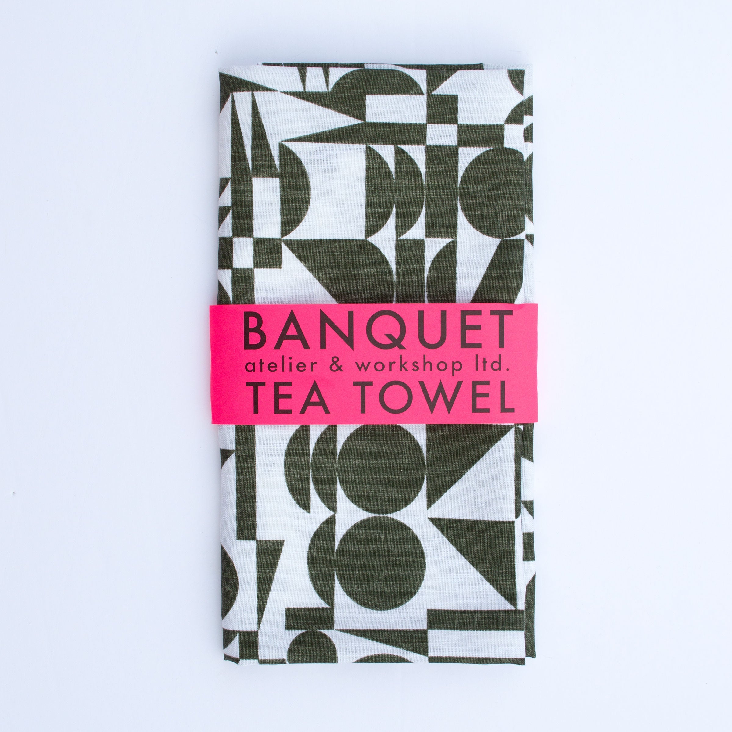 Khaki on White Geometrics All-Linen Tea Towel