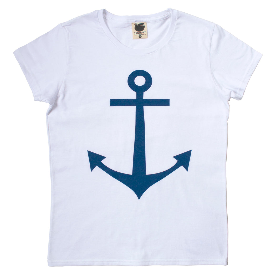 Classic navy blue anchor screen printed on to a white women's t-shirt
