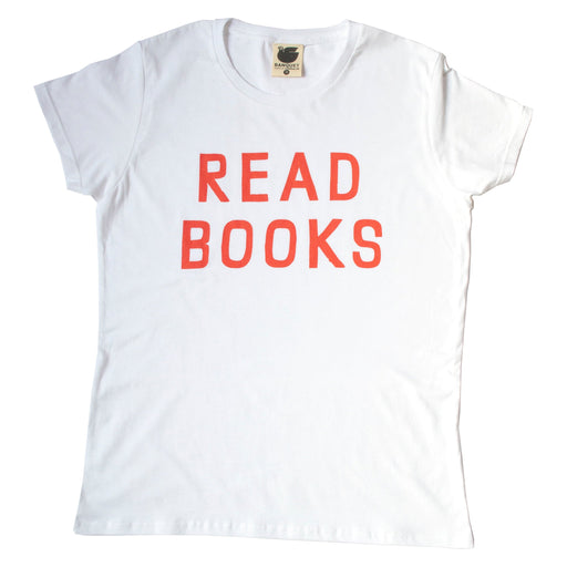 White t-shirt with screen print of READ BOOKS across the chest in red