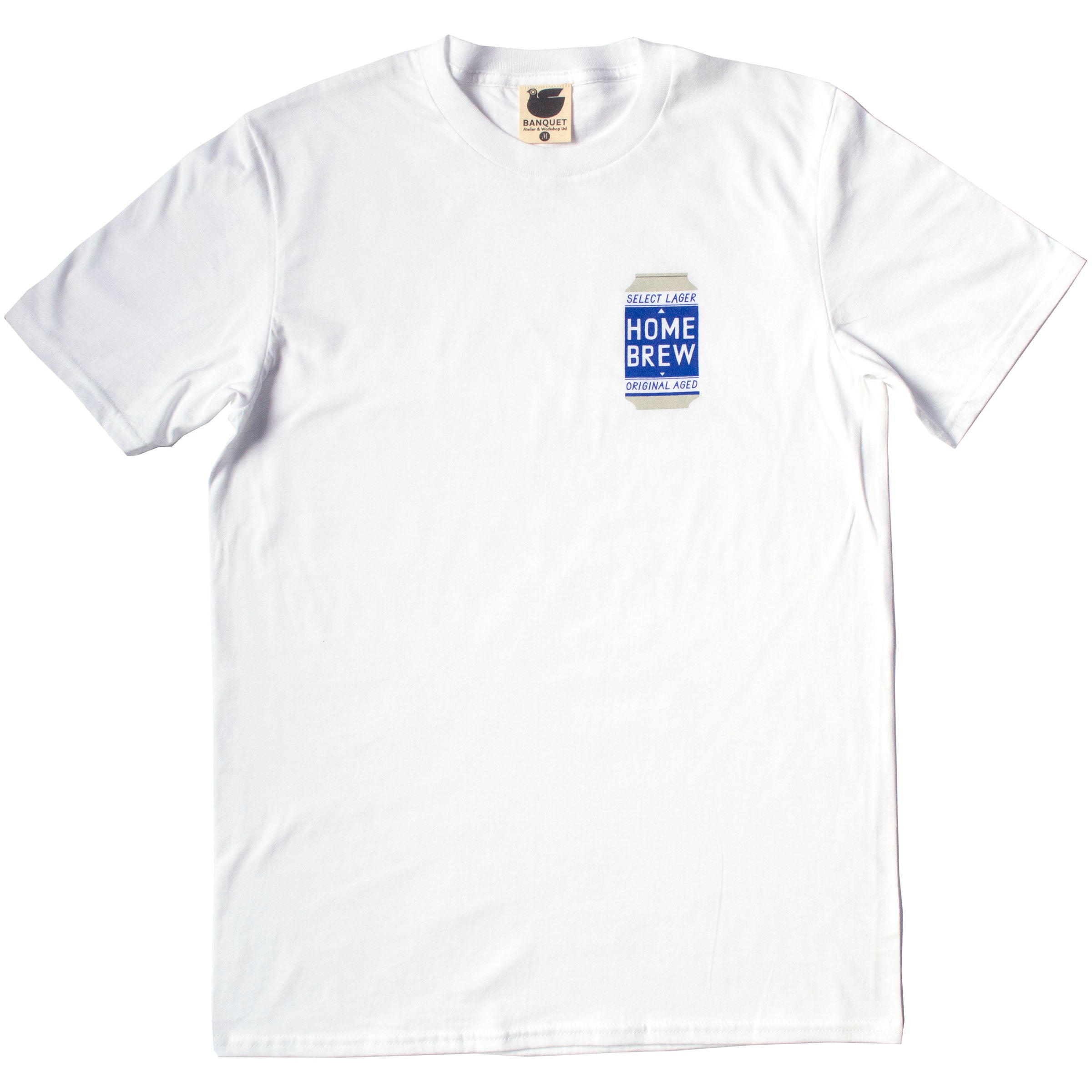 a small beer can that reads "Select Lager, Original Aged, Home Brew" screen printed on the top left chest of a men's unisex t-shirt