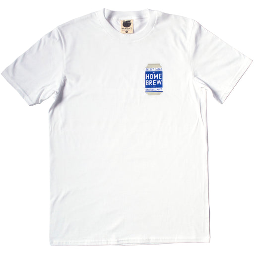  a small beer can that reads "Select Lager, Original Aged, Home Brew" screen printed on the top left chest of a men's unisex t-shirt