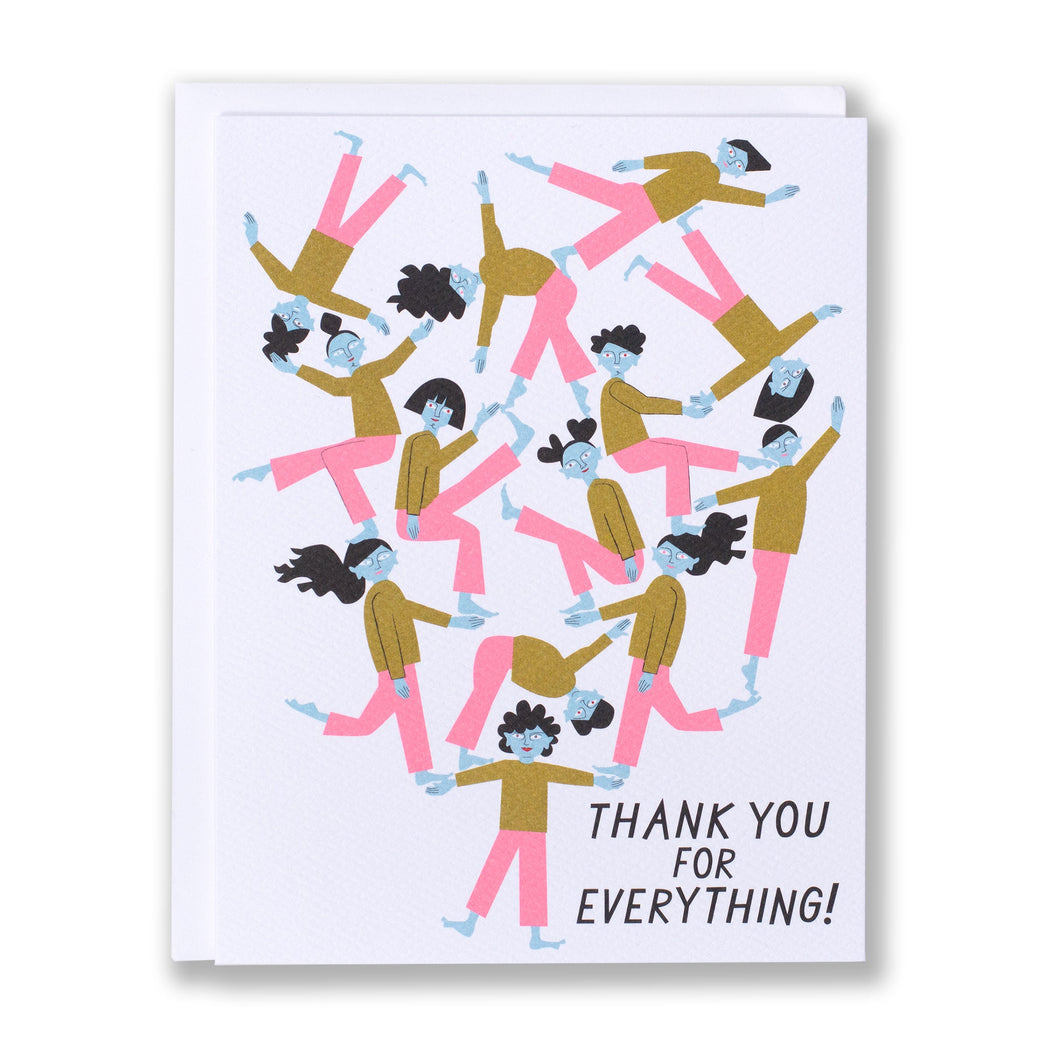 Note card with a pile up of cute blue faced humans with one person holding them up with text that said Thank You For Everything