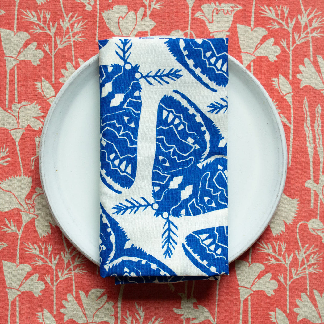 Electric Blue Moths 100% Linen Tea Towel