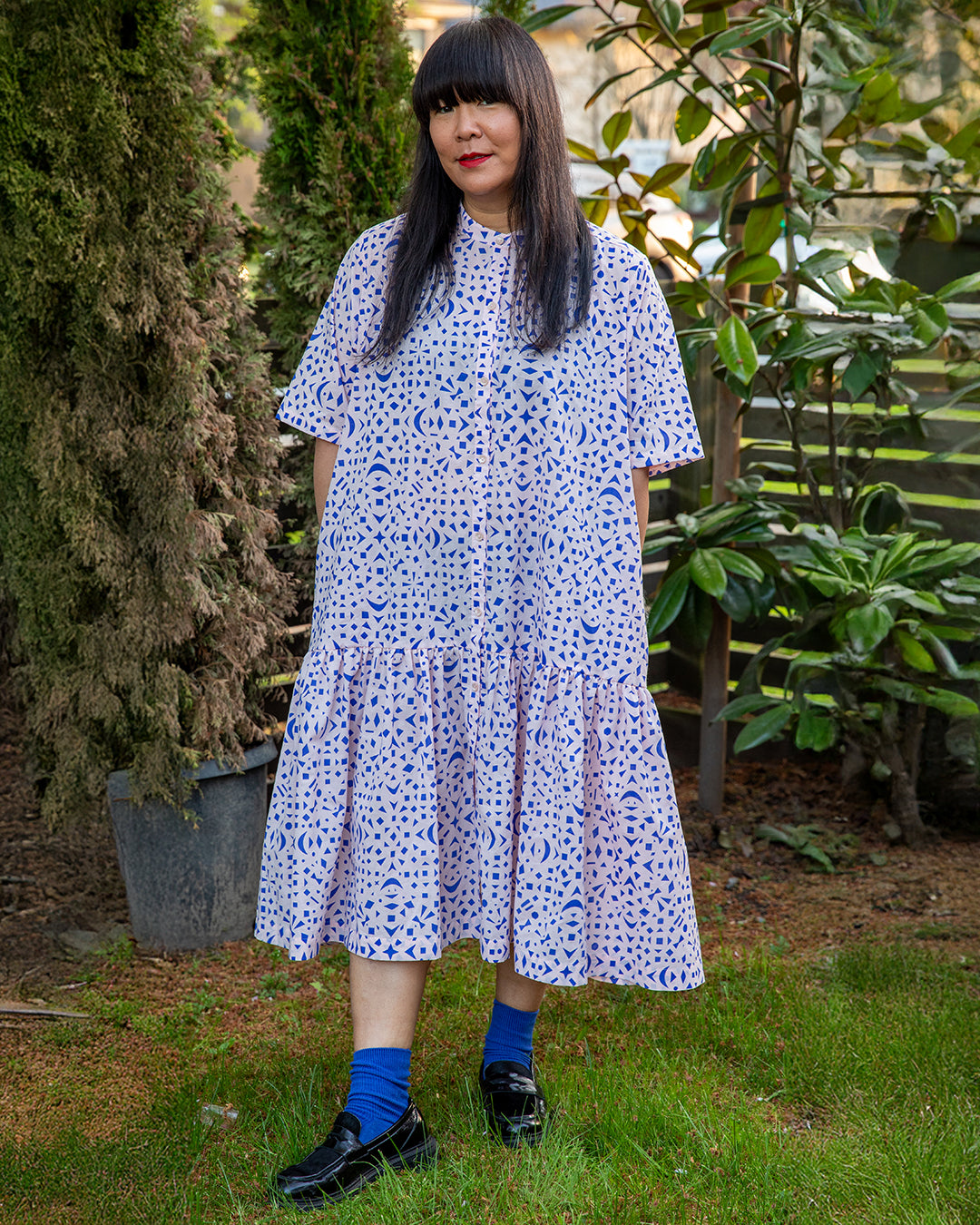 New Sumer Uniform - Oversized Cotton Dress in Peachy pink with Cobalt Blue cutout pattern