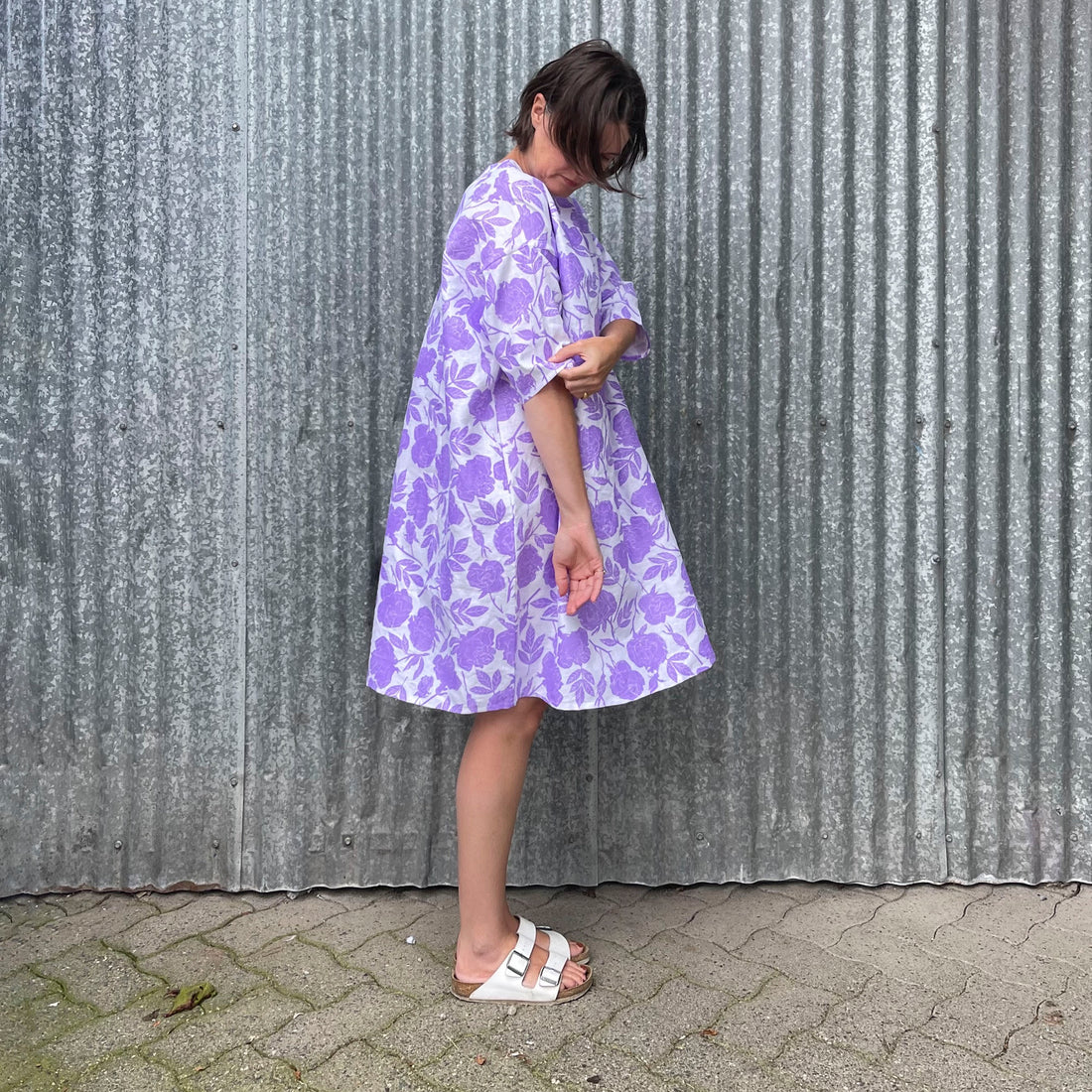 Vibrant Lavender Rose print on a linen dress