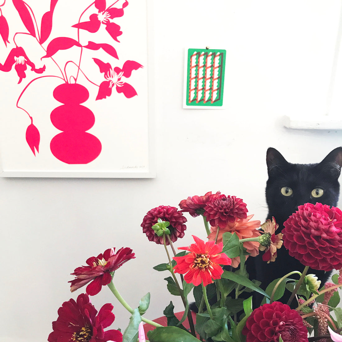 modern clematis print with cat