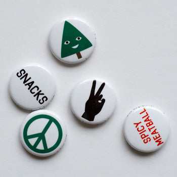 1- inch buttons/lapel pins/bright colours/text rock pin/witty