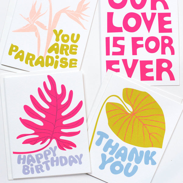 new cards from banquet workshop with leaves and bubble text greetings