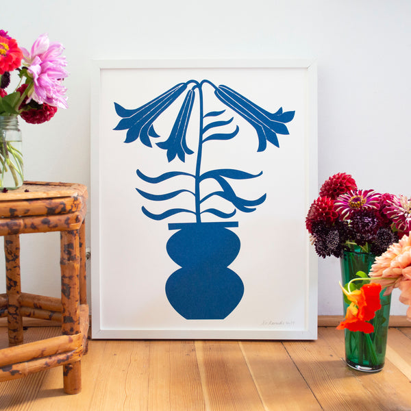 Electric Blue Lily and Vase Poster