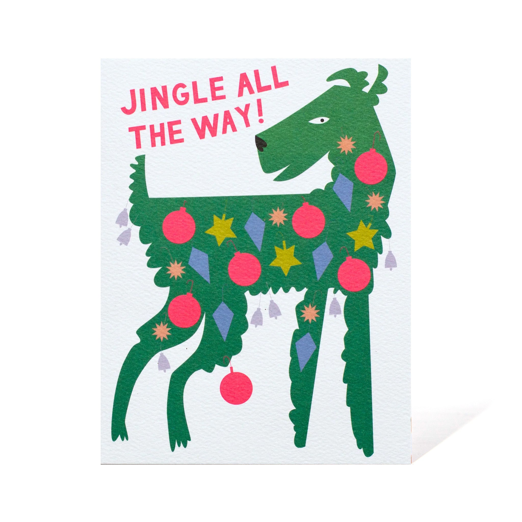 Holiday Card with a Dog festooned with Ornaments