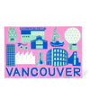 Illustrated postcard of Vancouver with various landmarks on a pink background